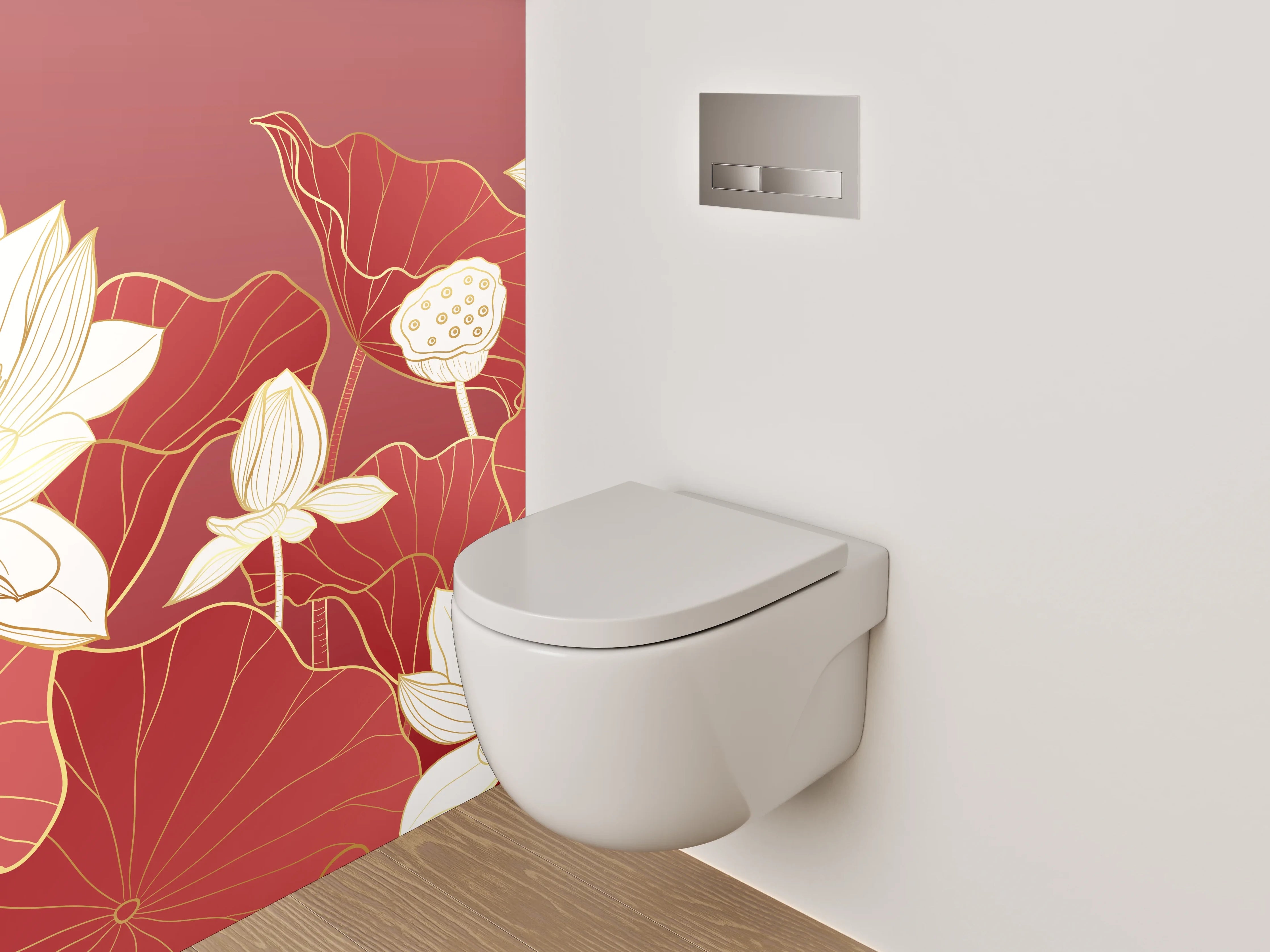 WC-Rückwand - Elegante Lotusblüten auf Rot