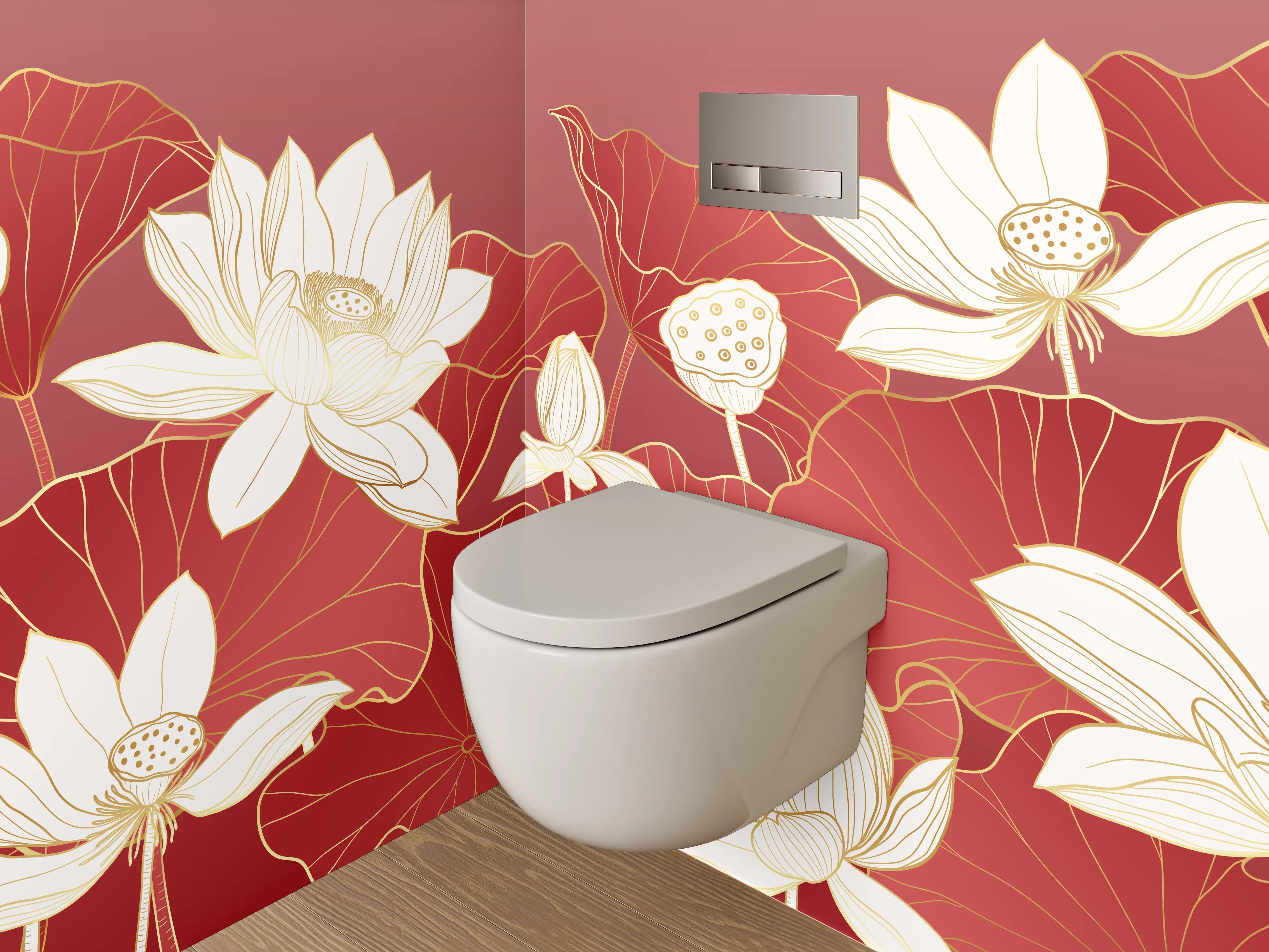 WC-Rückwand - Elegante Lotusblüten auf Rot