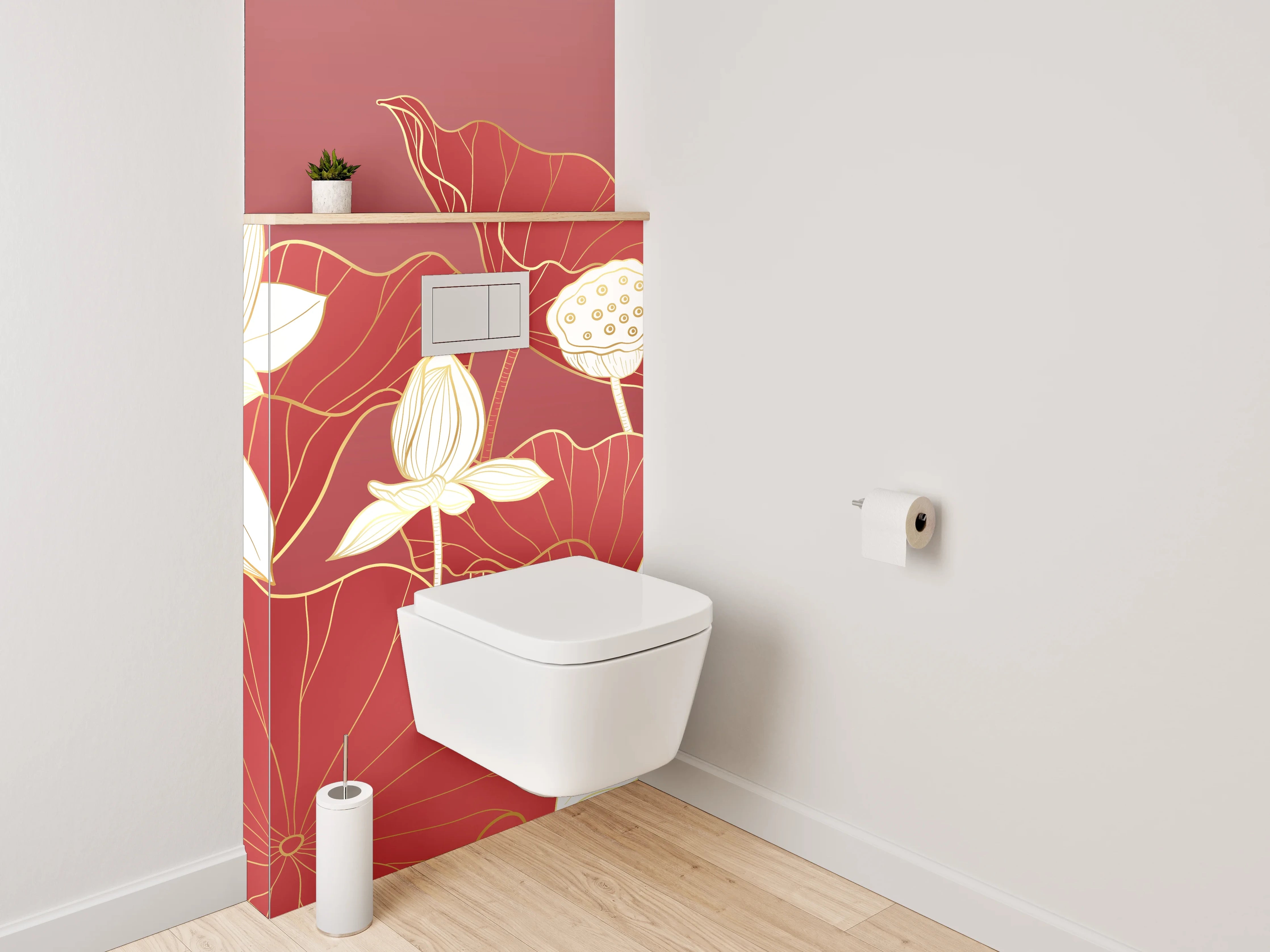 WC-Rückwand - Elegante Lotusblüten auf Rot