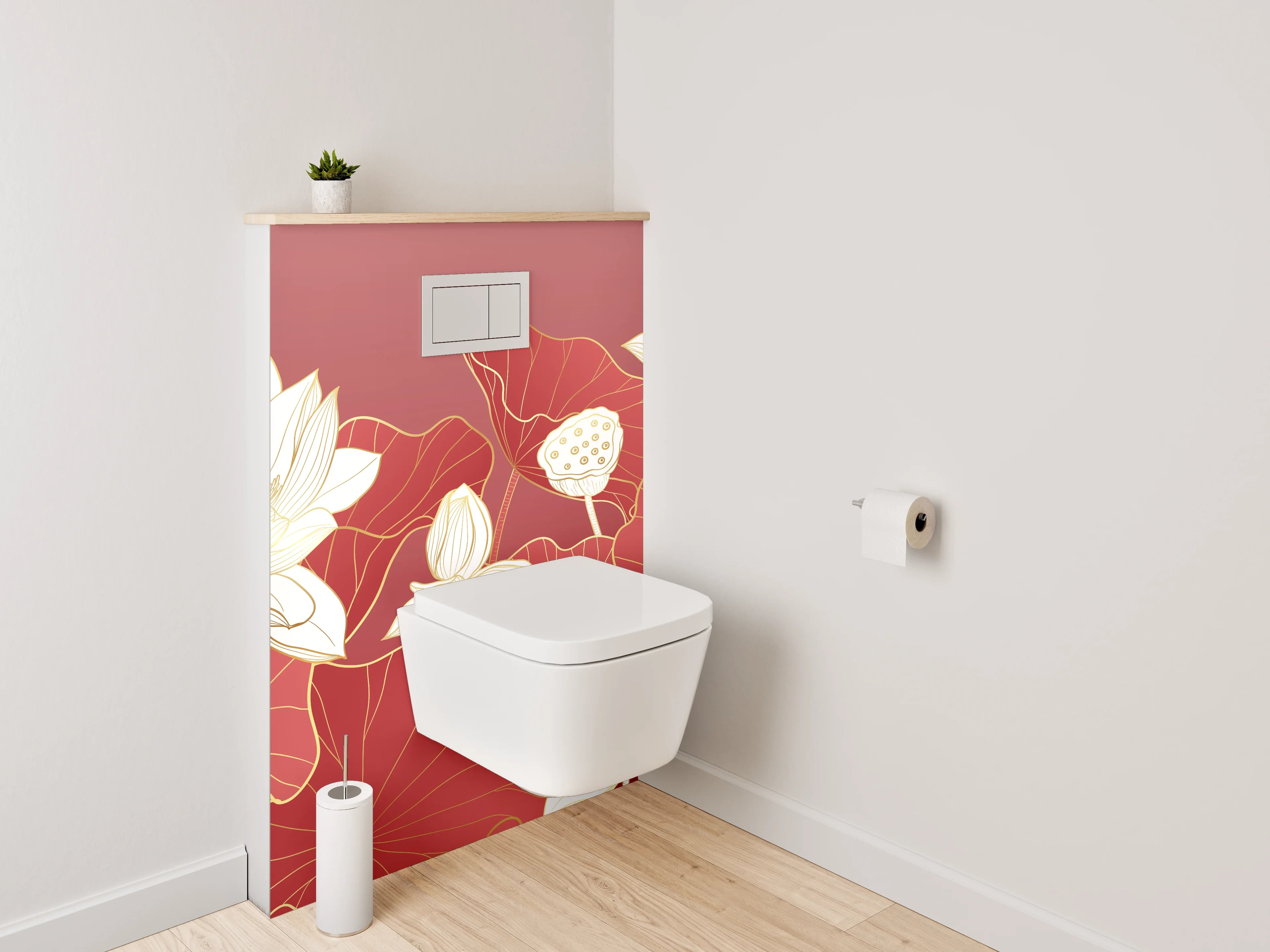 WC-Rückwand - Elegante Lotusblüten auf Rot