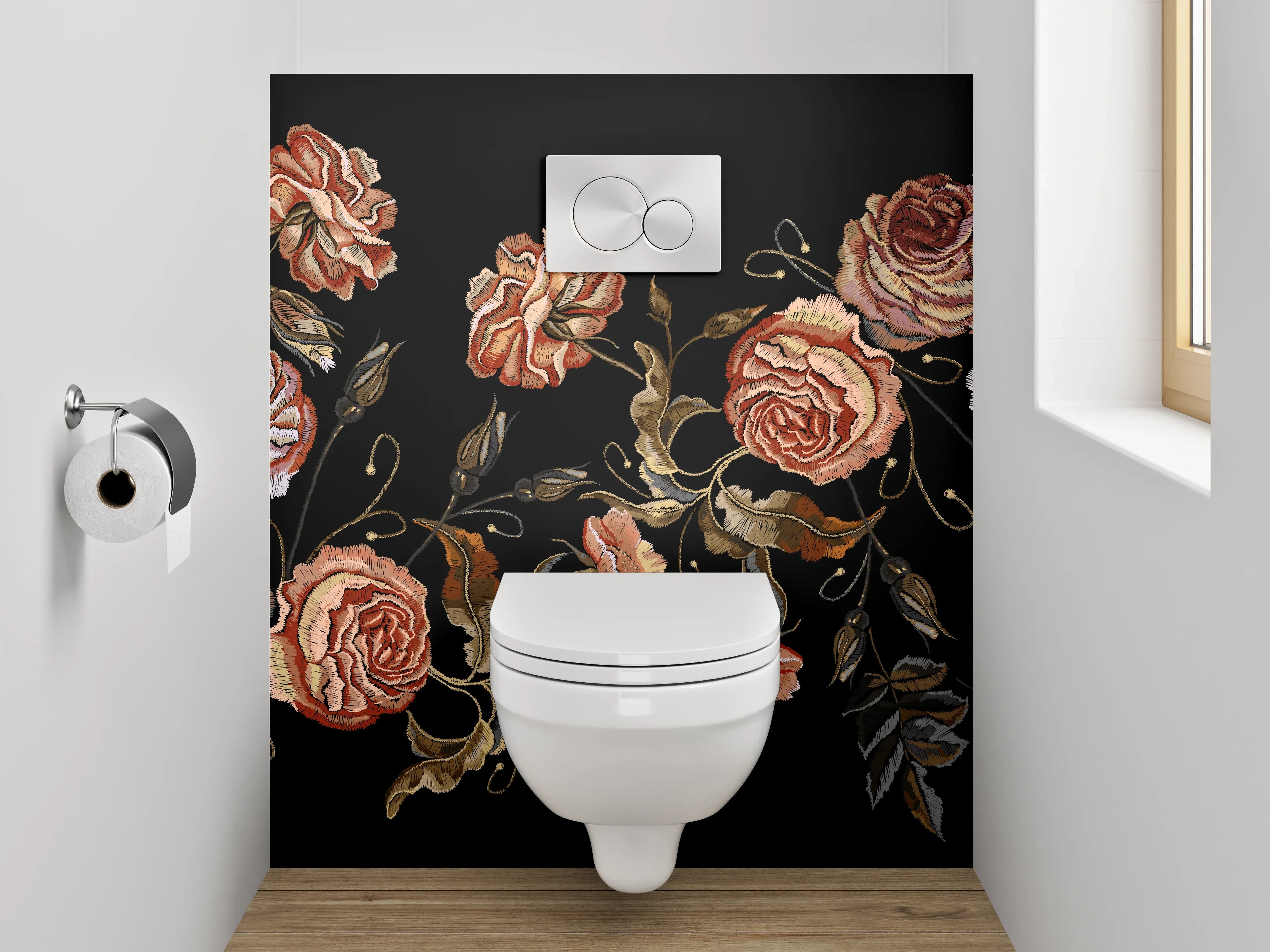 WC-Rückwand - Elegante Rosen Stickerei Blumenmuster