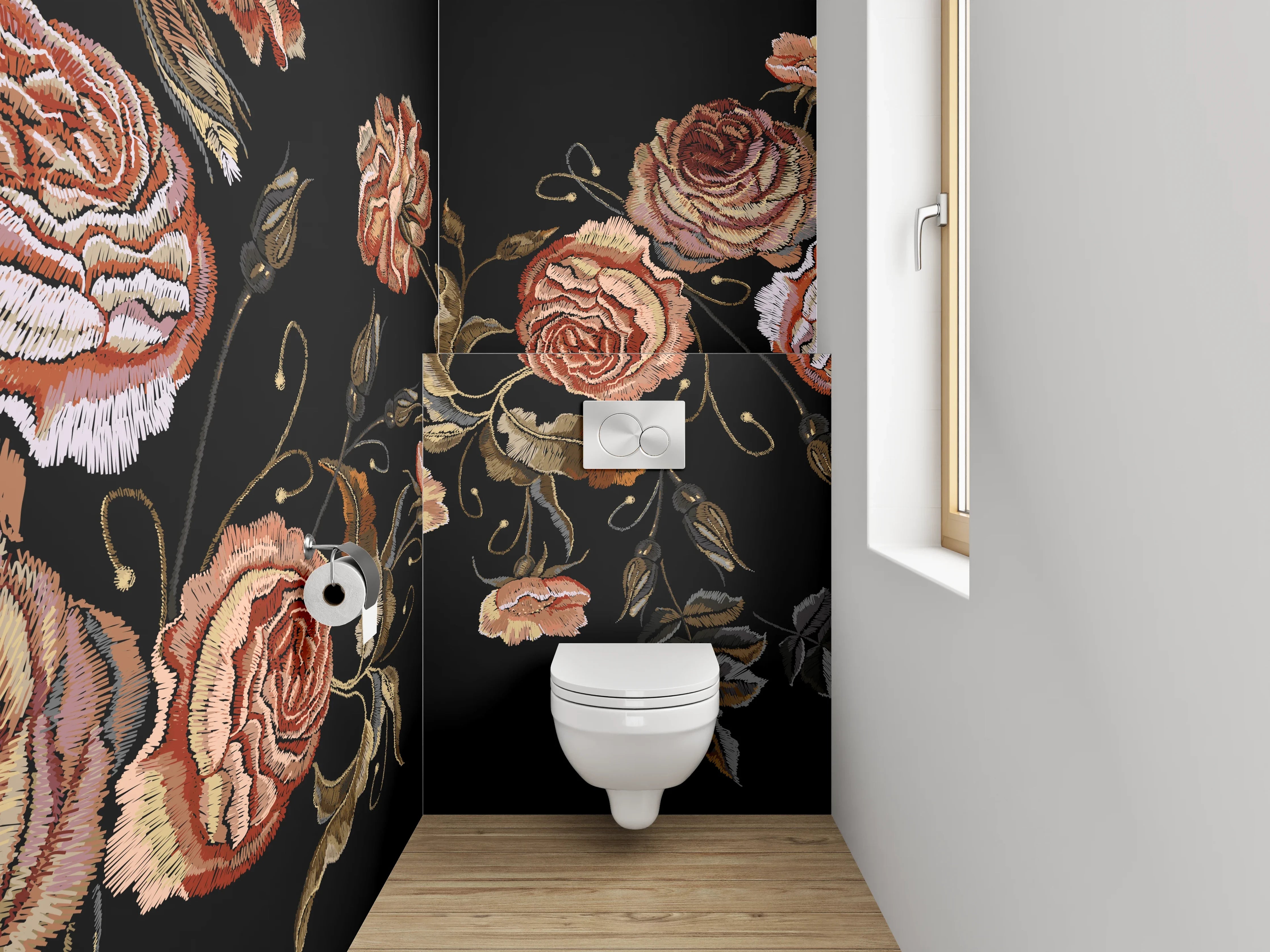 WC-Rückwand - Elegante Rosen Stickerei Blumenmuster