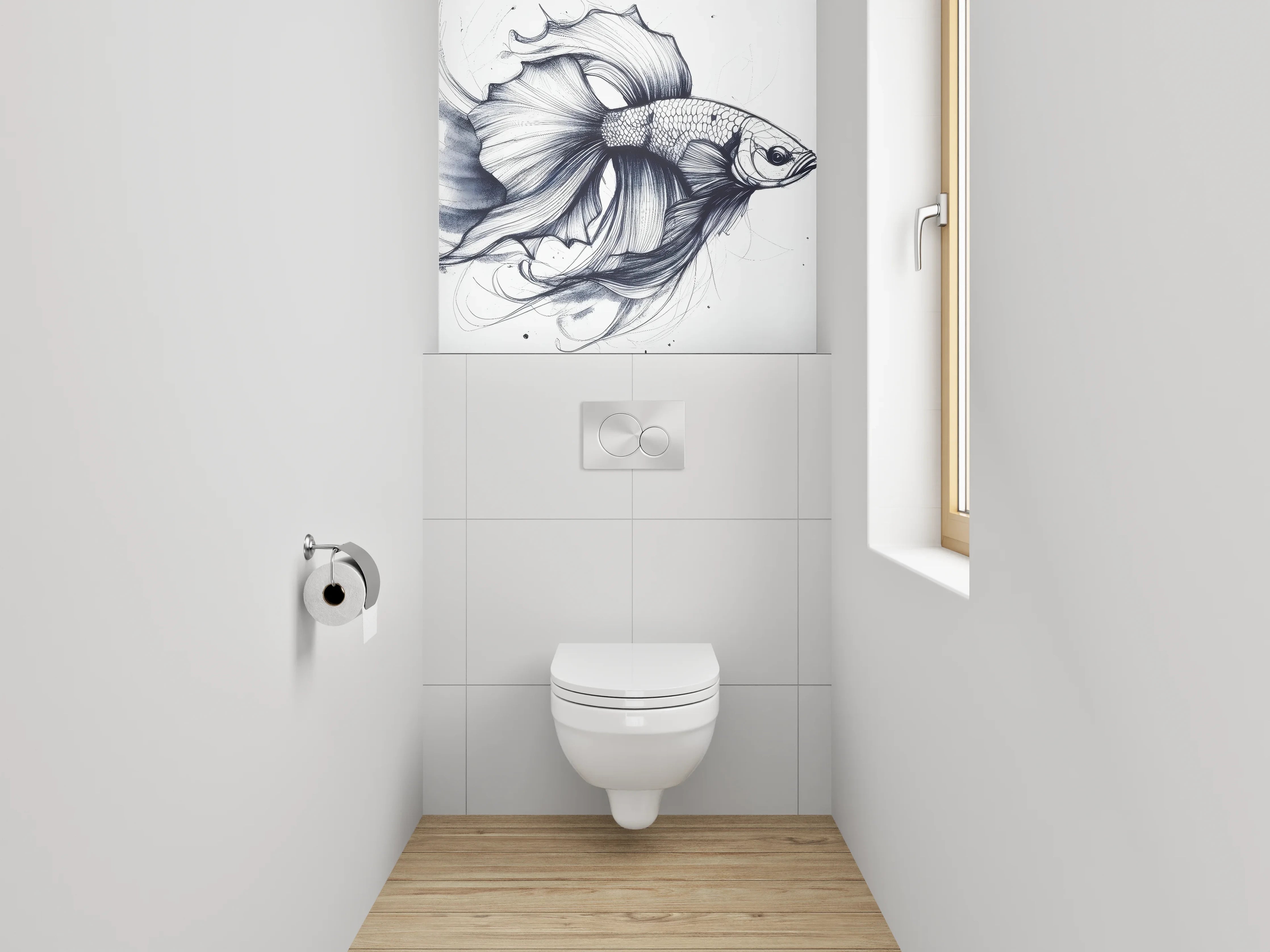 WC-Rückwand - Elegante Schwarz-Weiß-Kampffisch Lineart