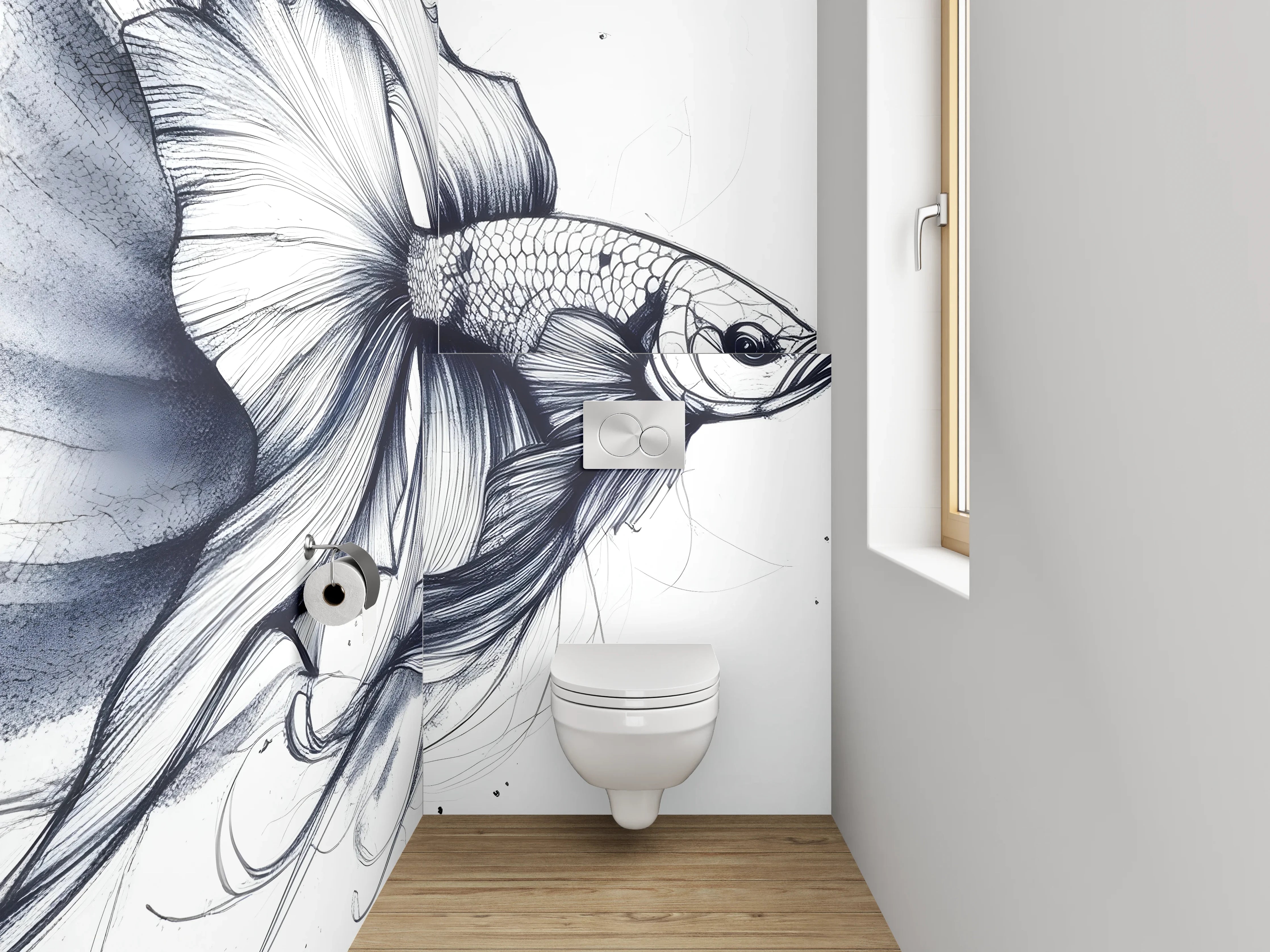 WC-Rückwand - Elegante Schwarz-Weiß-Kampffisch Lineart