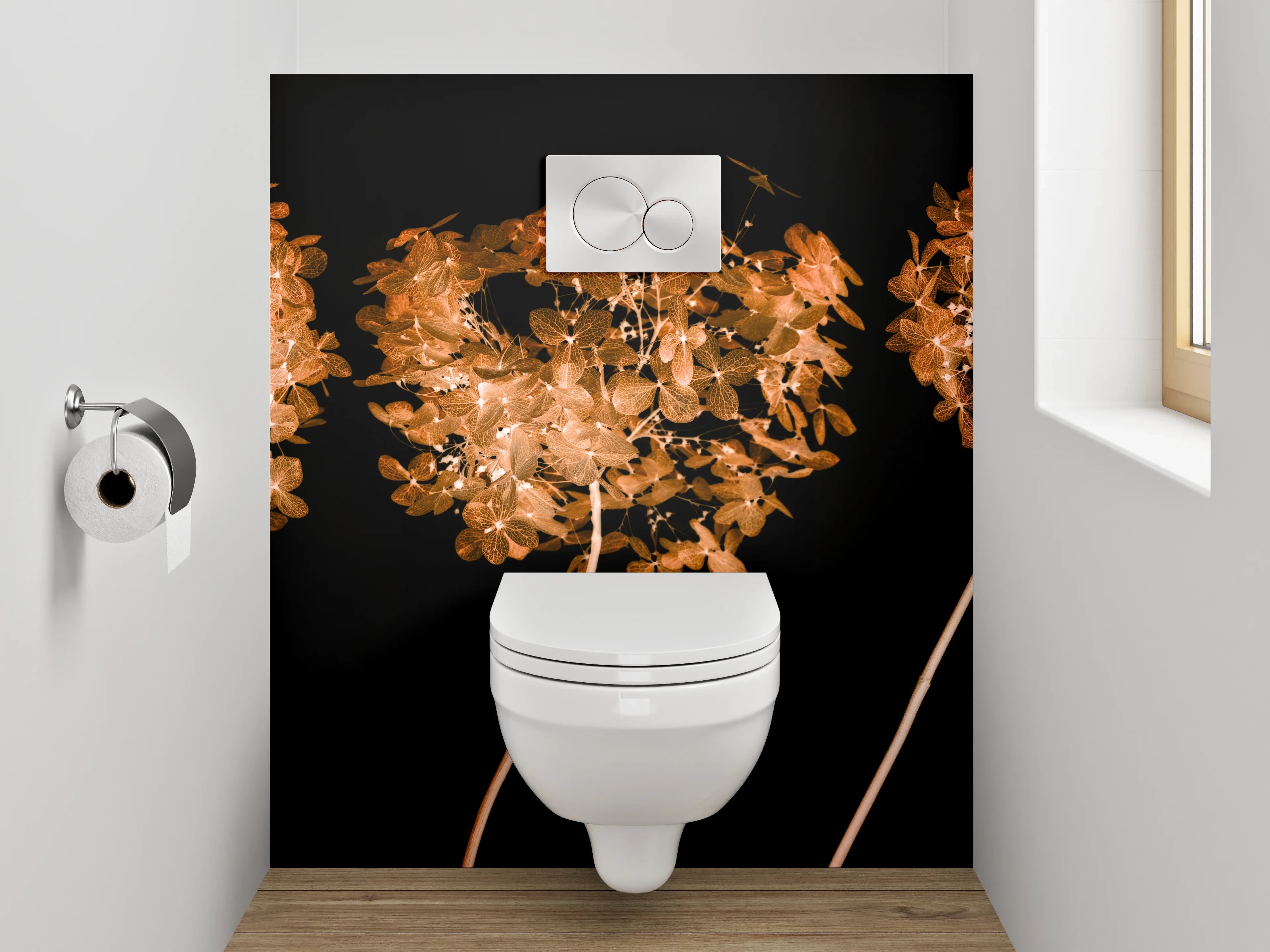 WC-Rückwand - Elegante Trockenblumen auf Schwarz