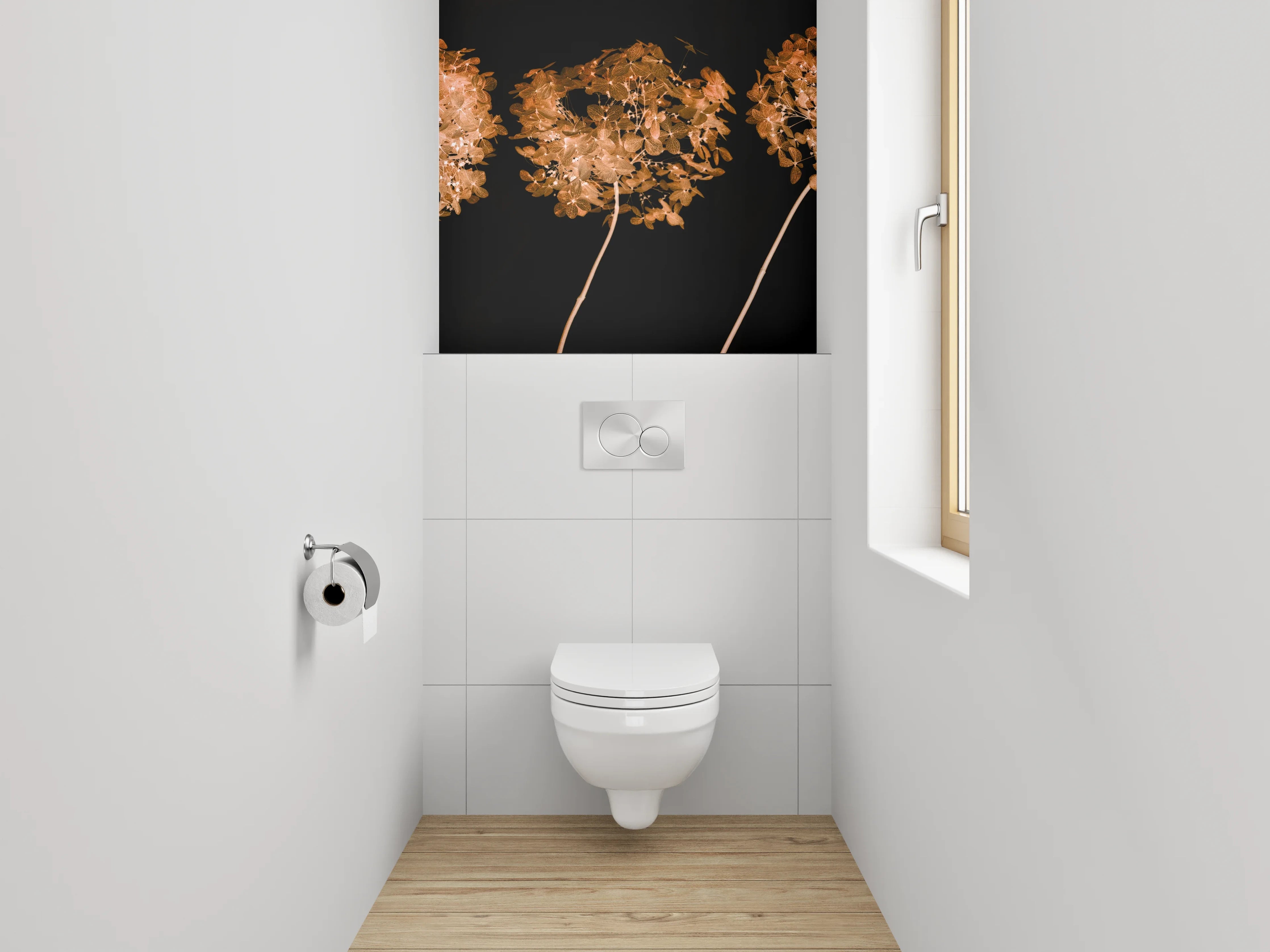 WC-Rückwand - Elegante Trockenblumen auf Schwarz