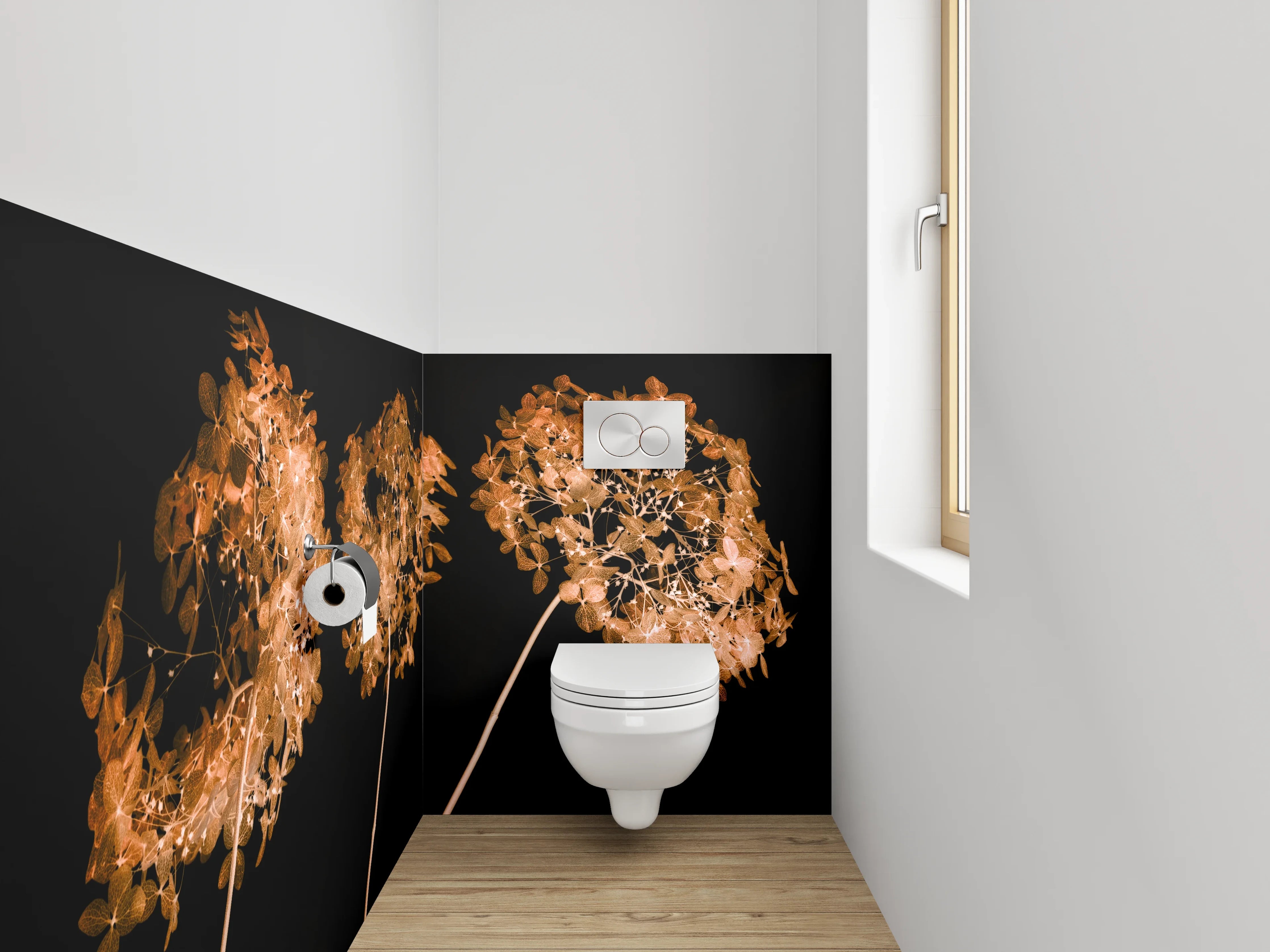 WC-Rückwand - Elegante Trockenblumen auf Schwarz