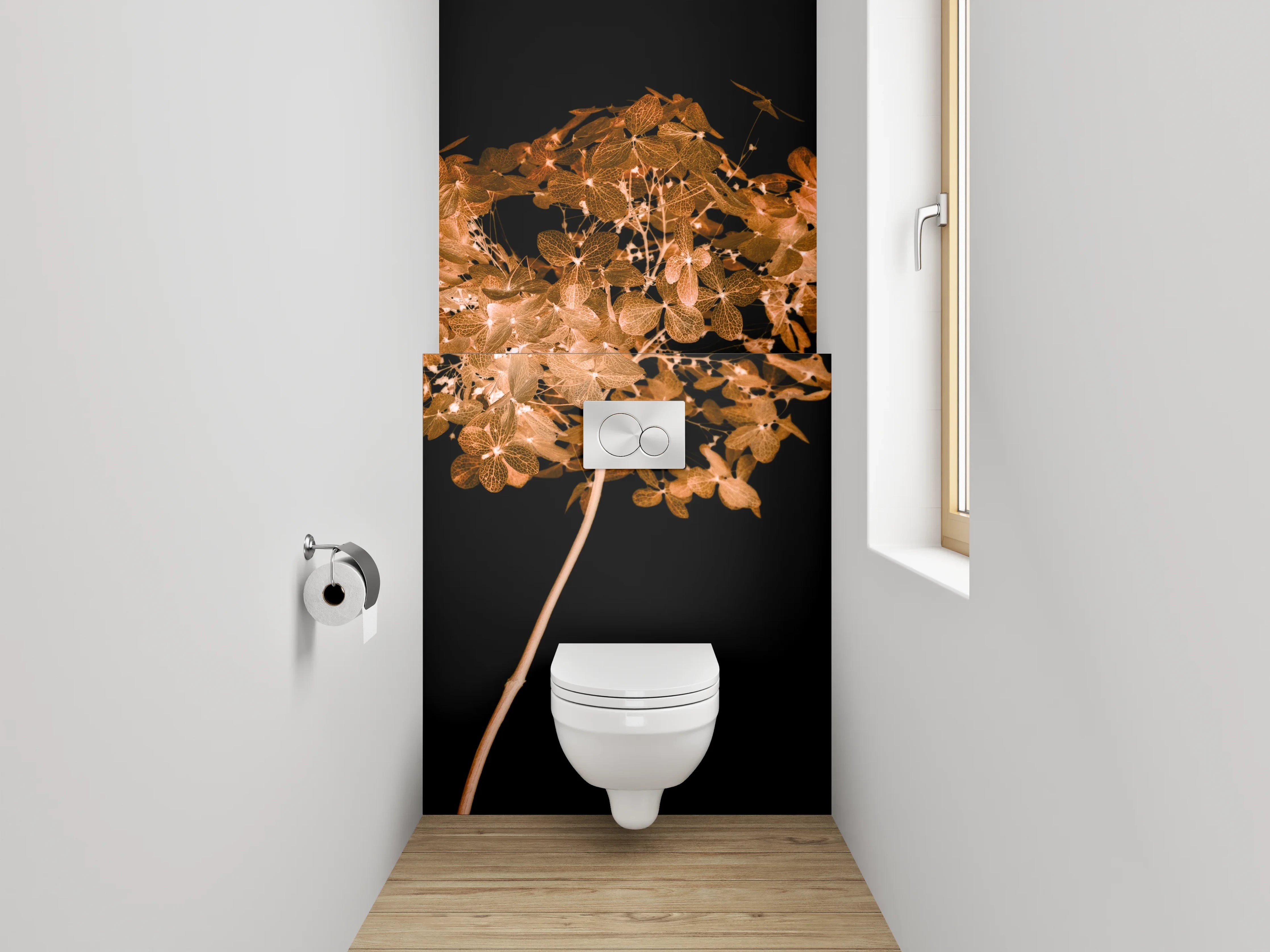 WC-Rückwand - Elegante Trockenblumen auf Schwarz