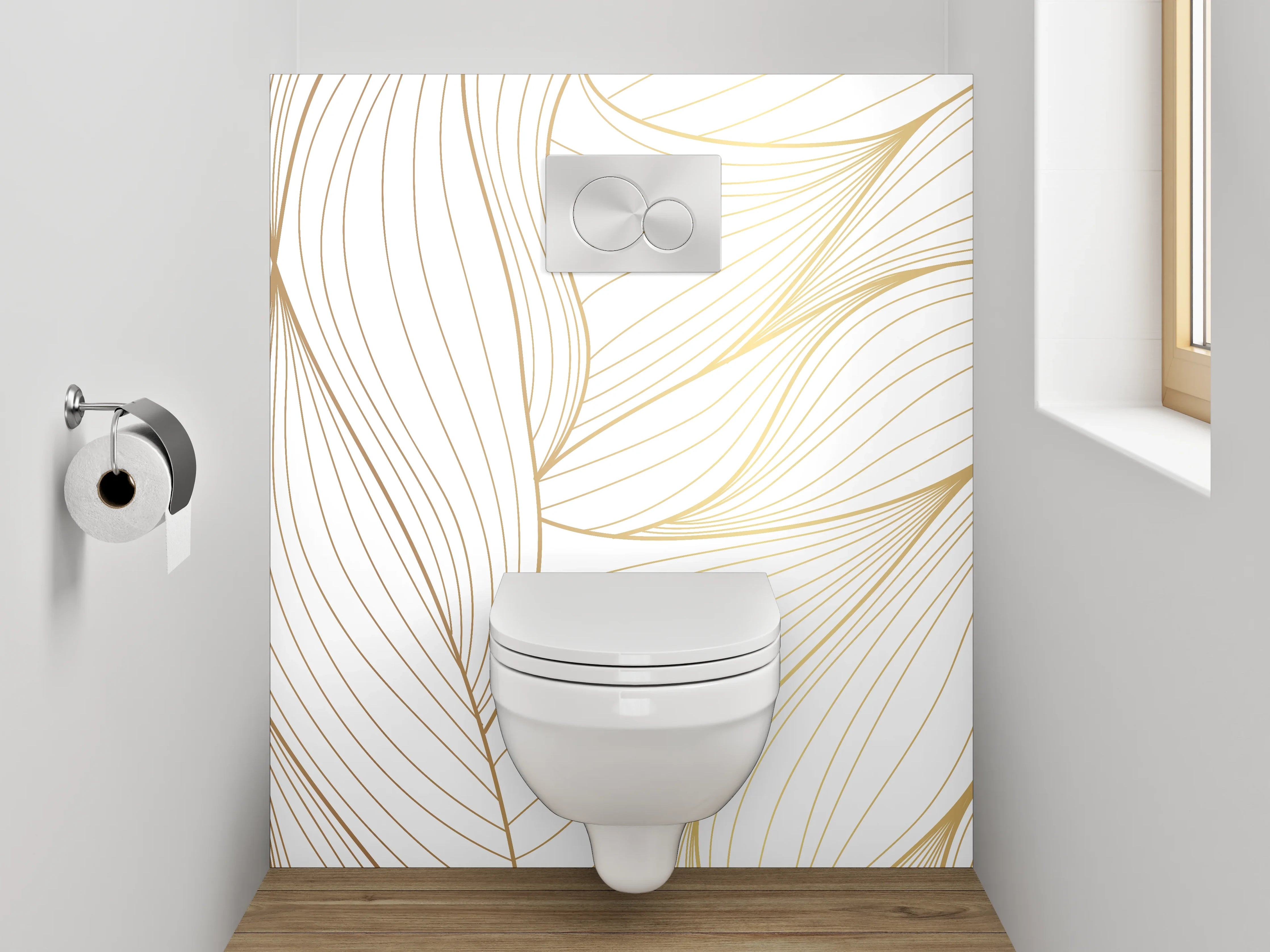 WC-Rückwand - Elegante abstrakte Lineart gold-weiß