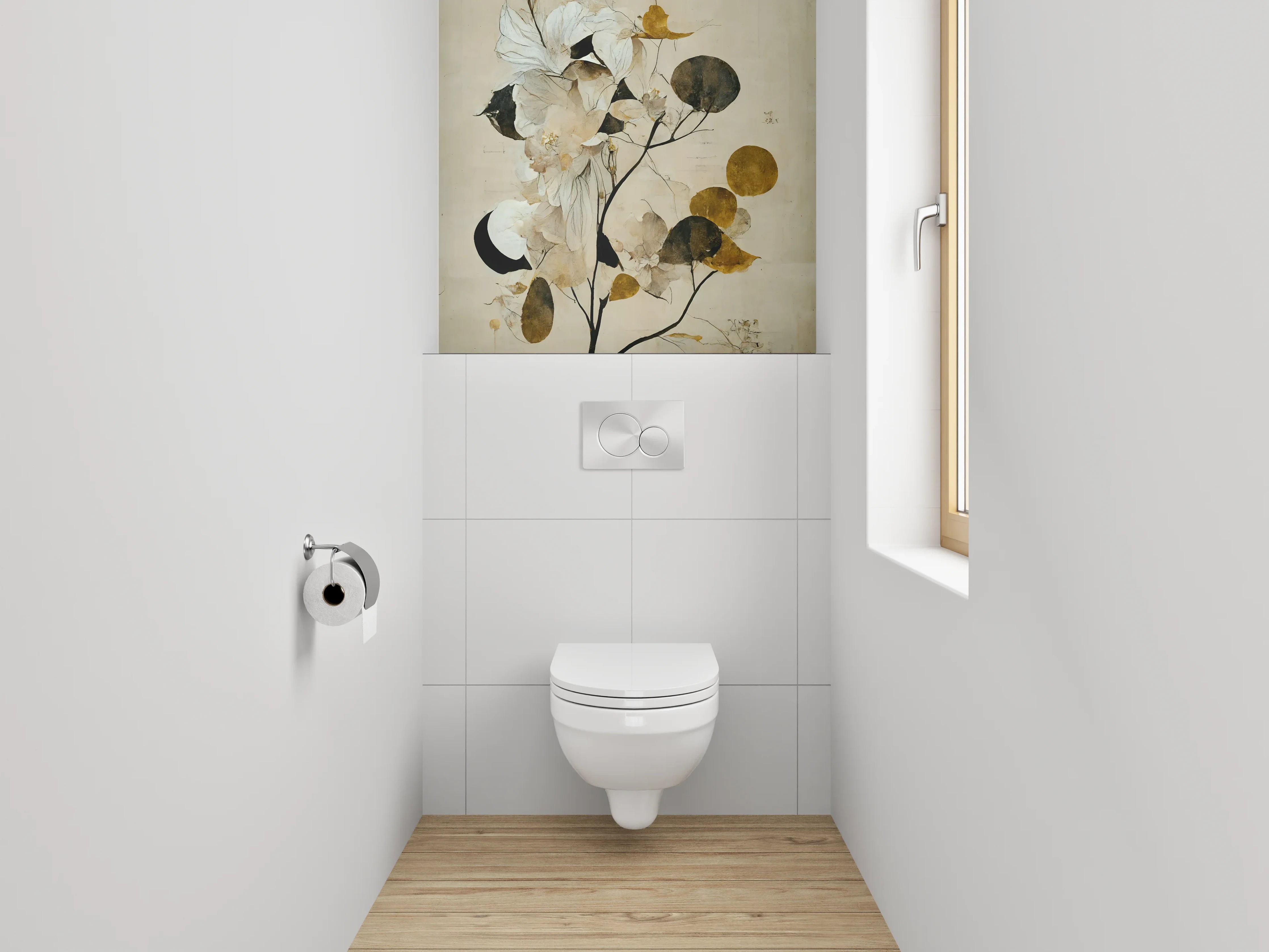 WC-Rückwand - Elegante florale Aquarellkunst in Weiß und Gold