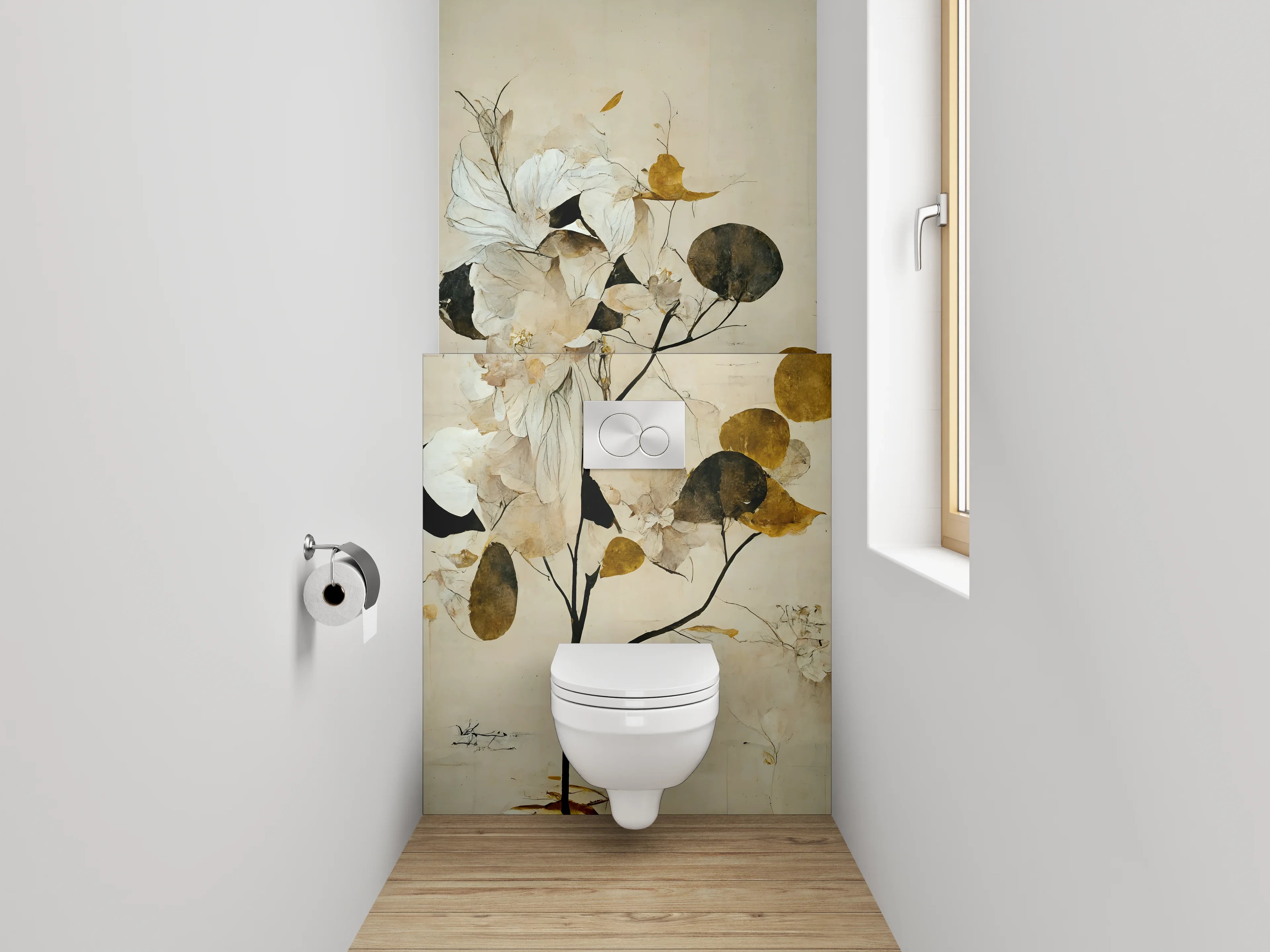 WC-Rückwand - Elegante florale Aquarellkunst in Weiß und Gold