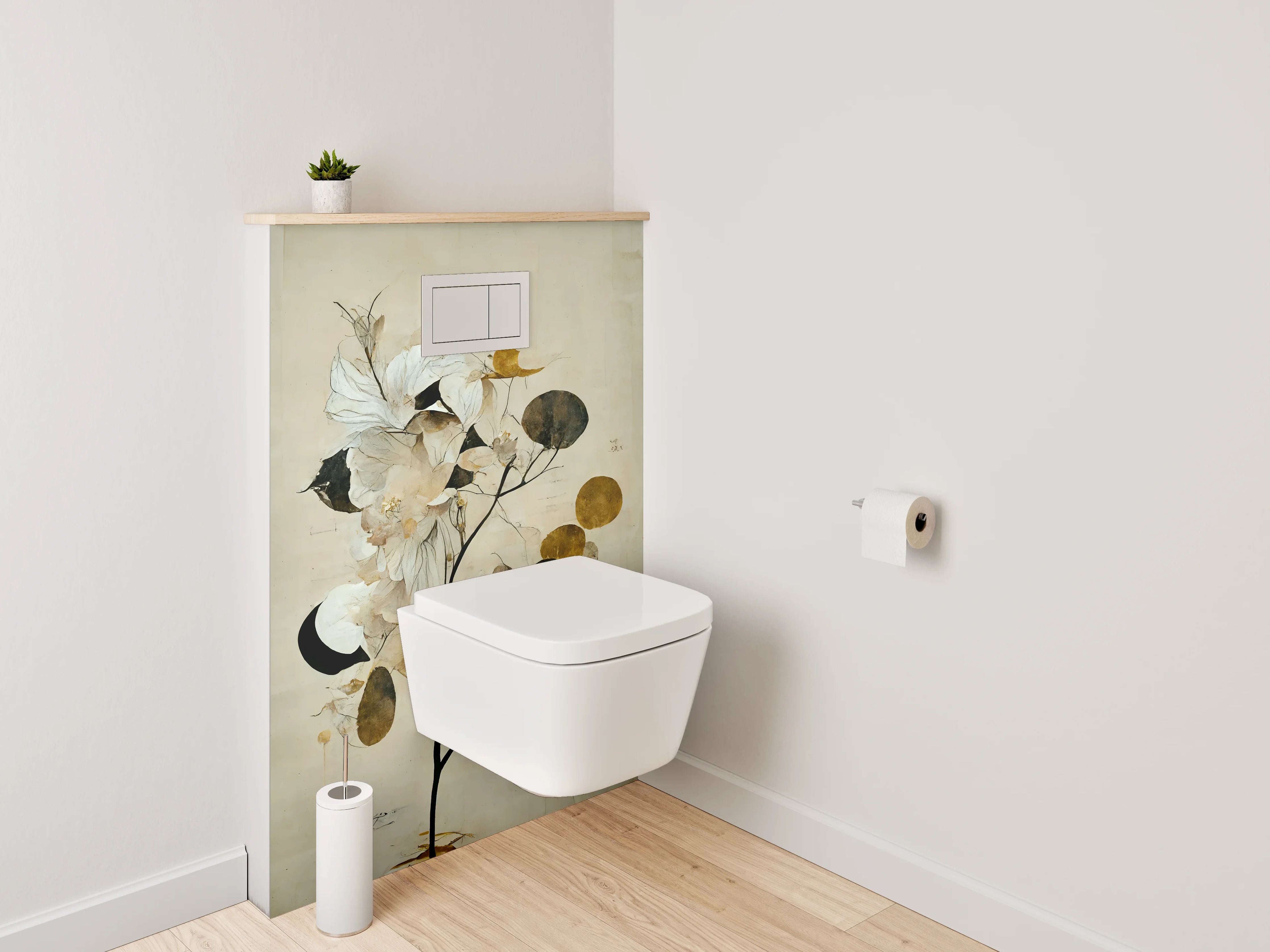 WC-Rückwand - Elegante florale Aquarellkunst in Weiß und Gold