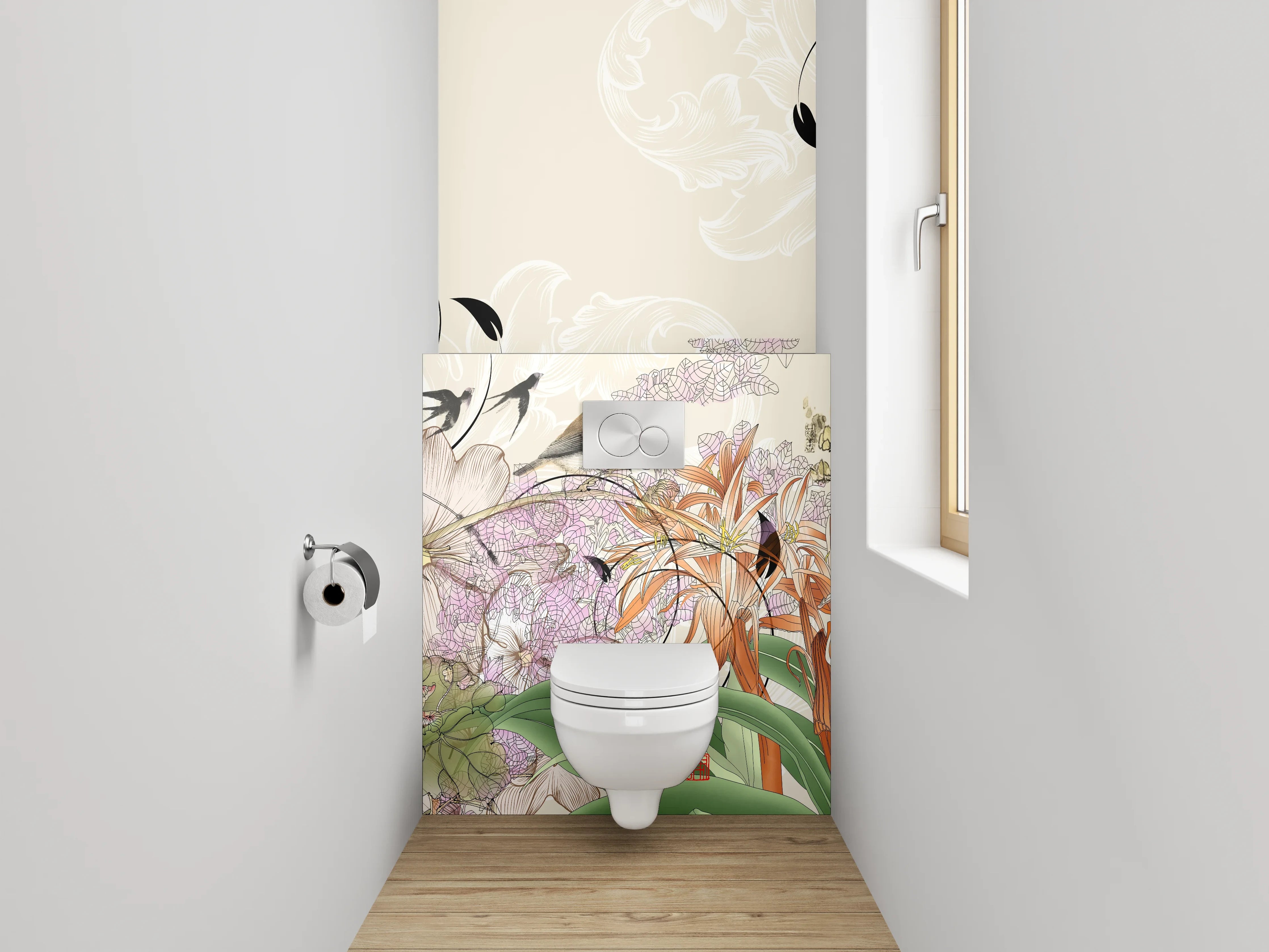 WC-Rückwand - Elegante florale Illustration mit zarten Farben