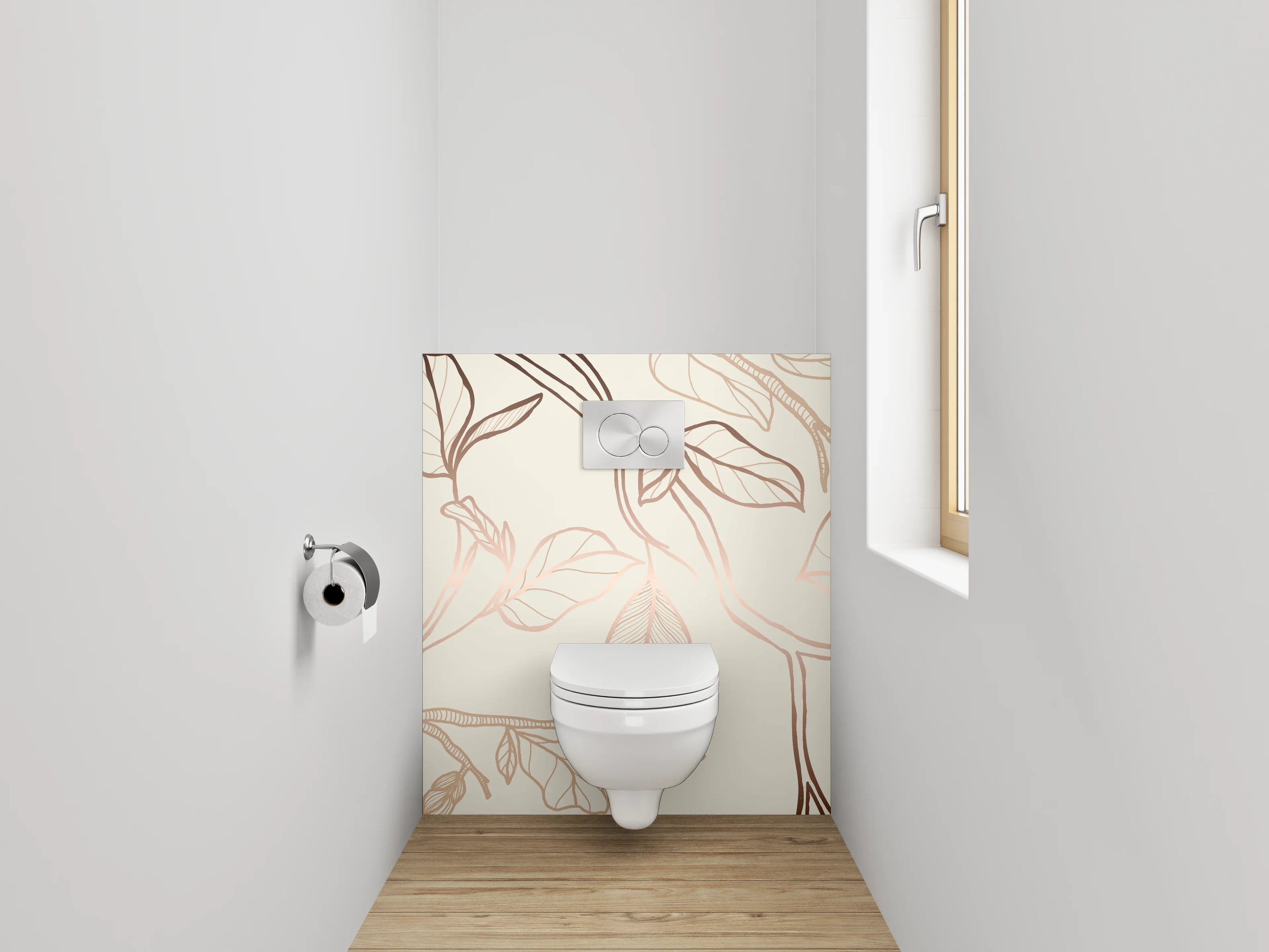 WC-Rückwand - Elegante florale Lineart auf Beige
