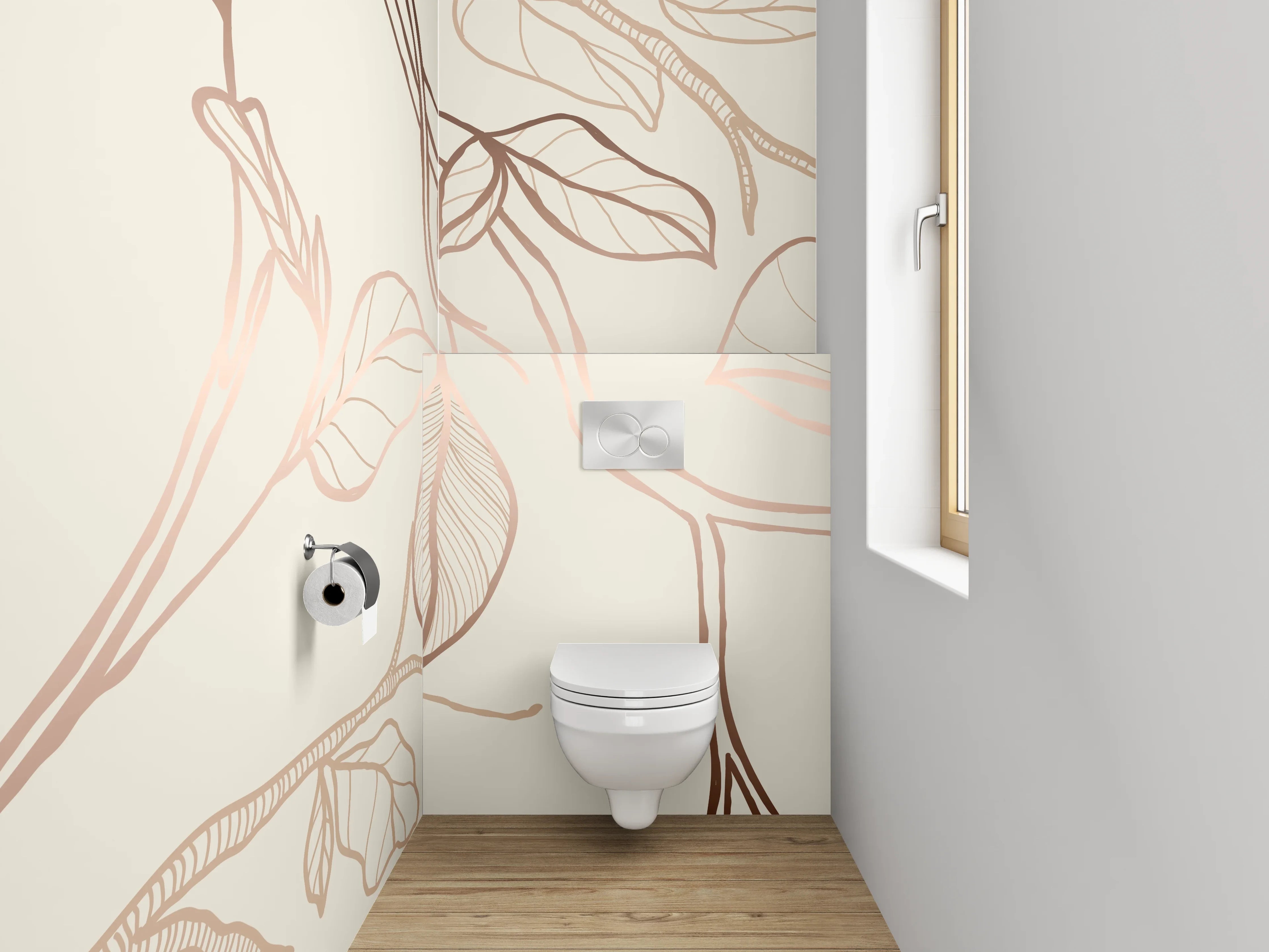 WC-Rückwand - Elegante florale Lineart auf Beige