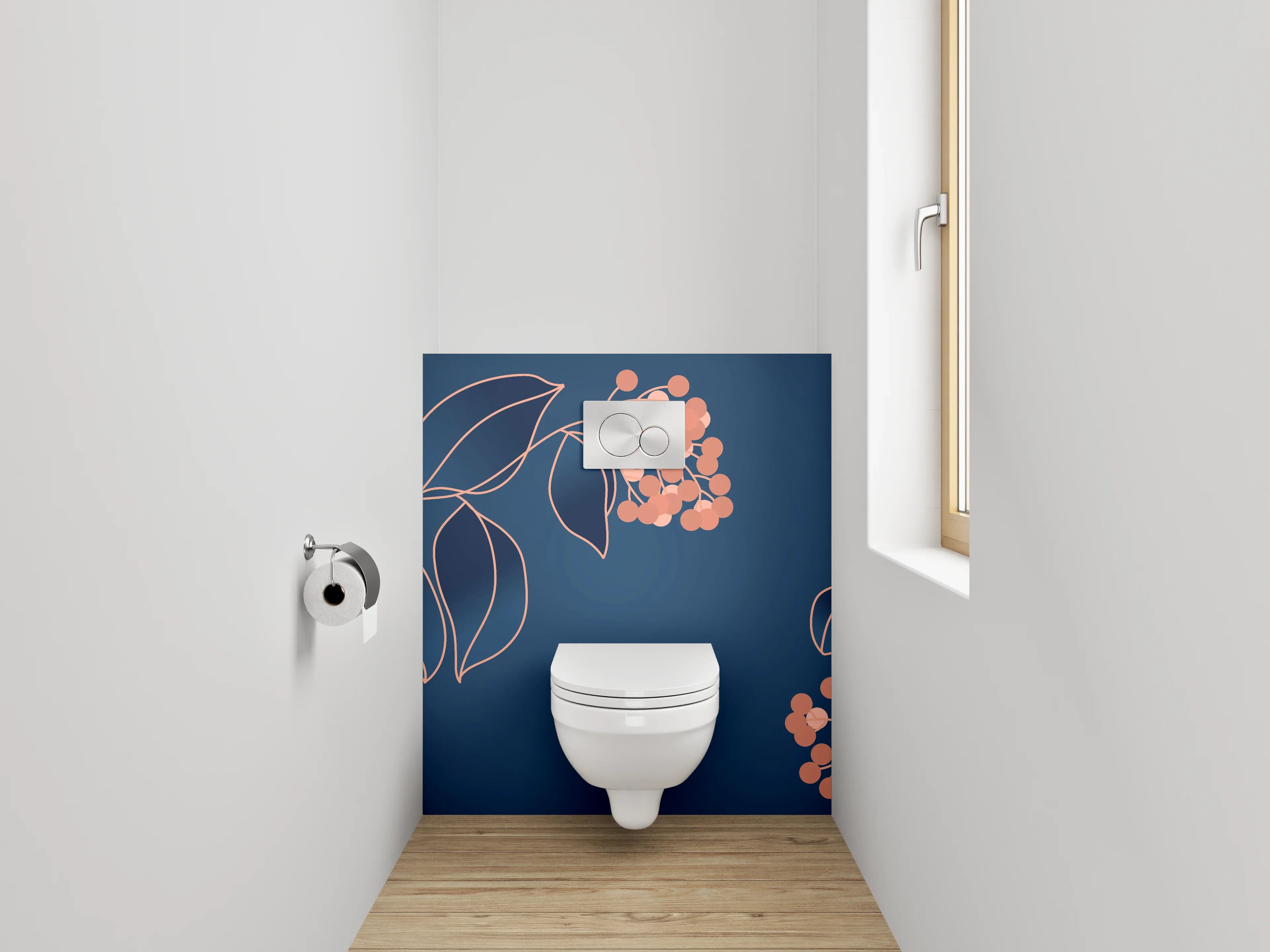 WC-Rückwand - Elegante florale Lineart auf Dunkelblau