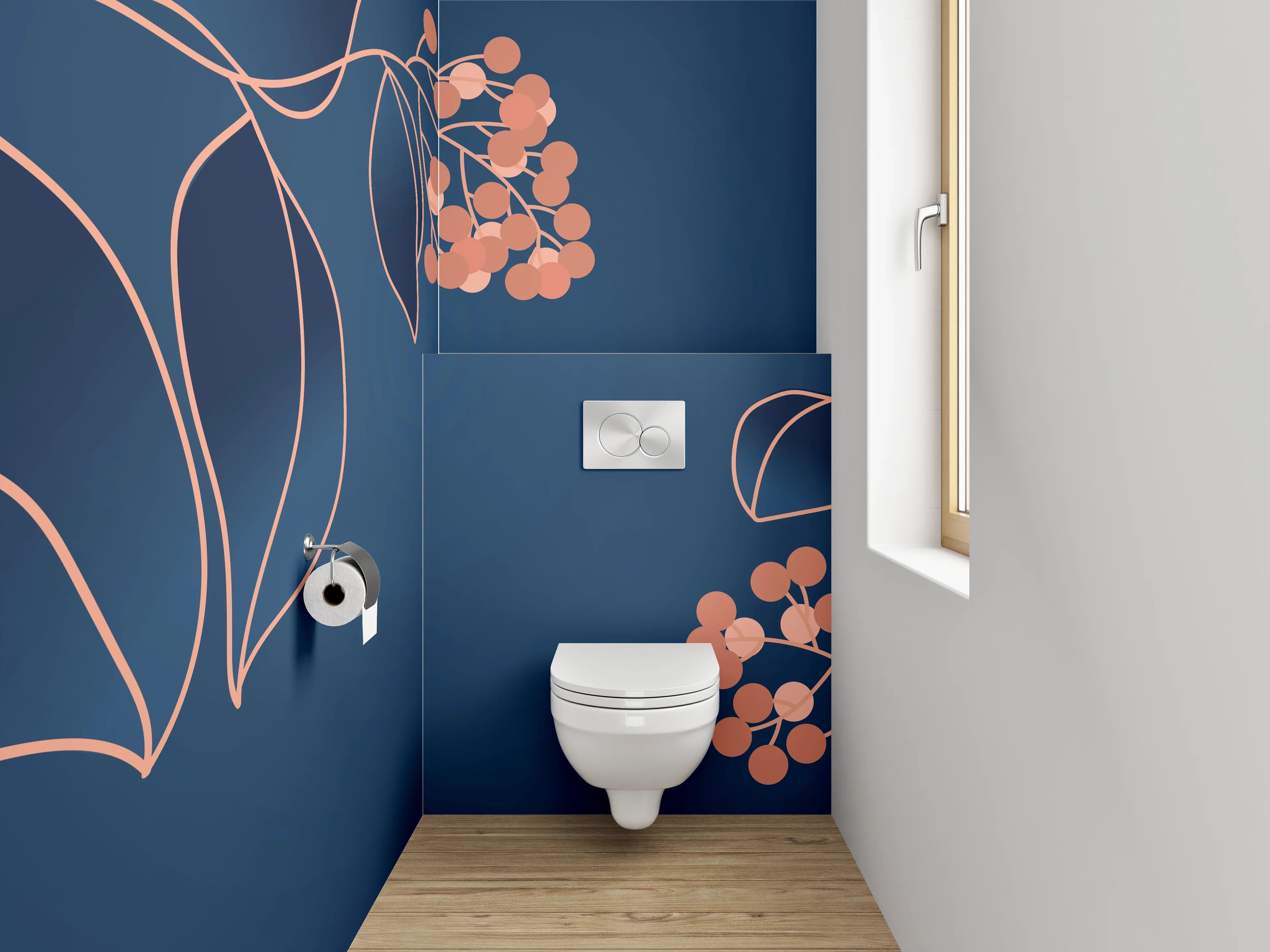 WC-Rückwand - Elegante florale Lineart auf Dunkelblau