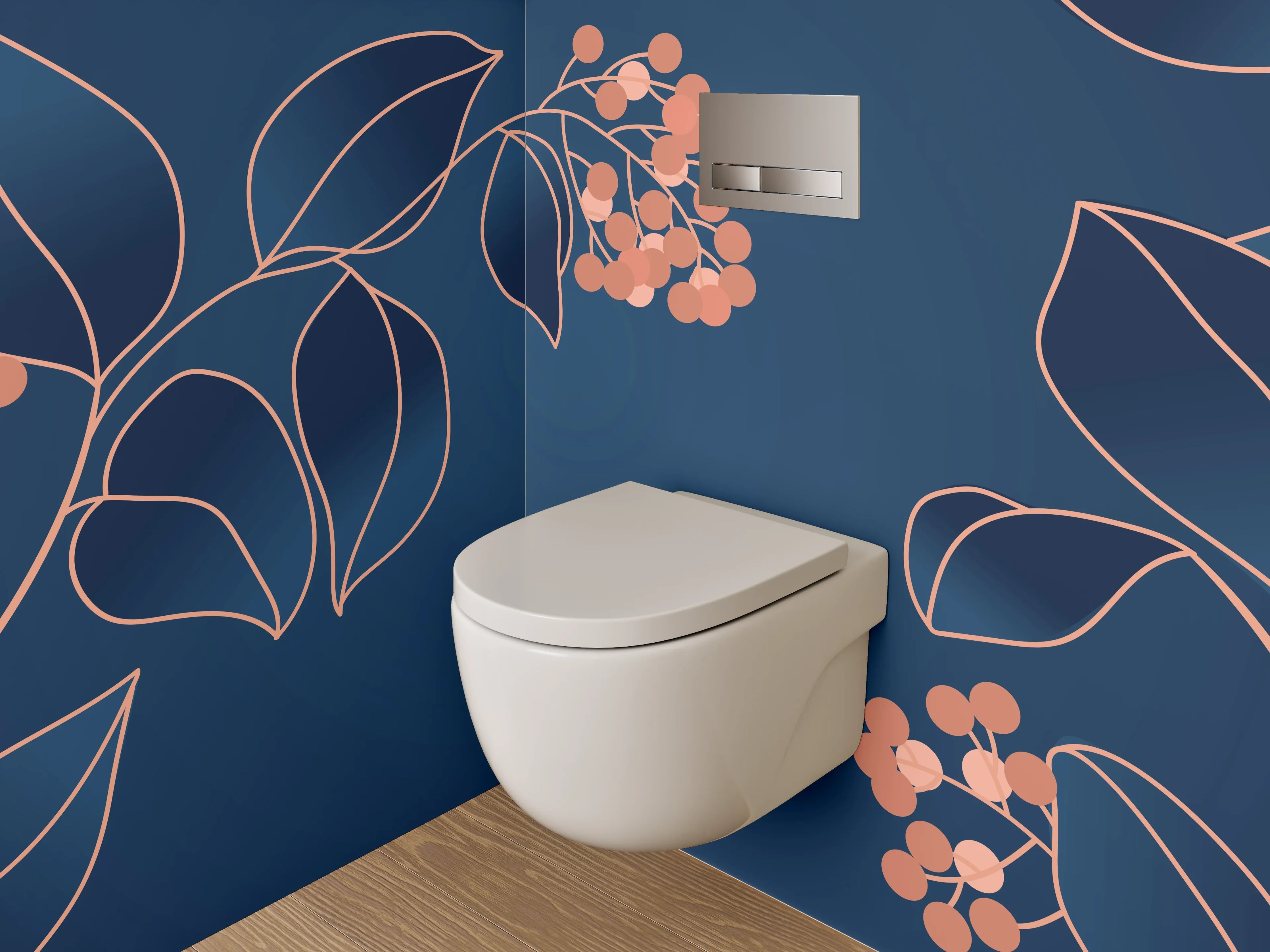 WC-Rückwand - Elegante florale Lineart auf Dunkelblau
