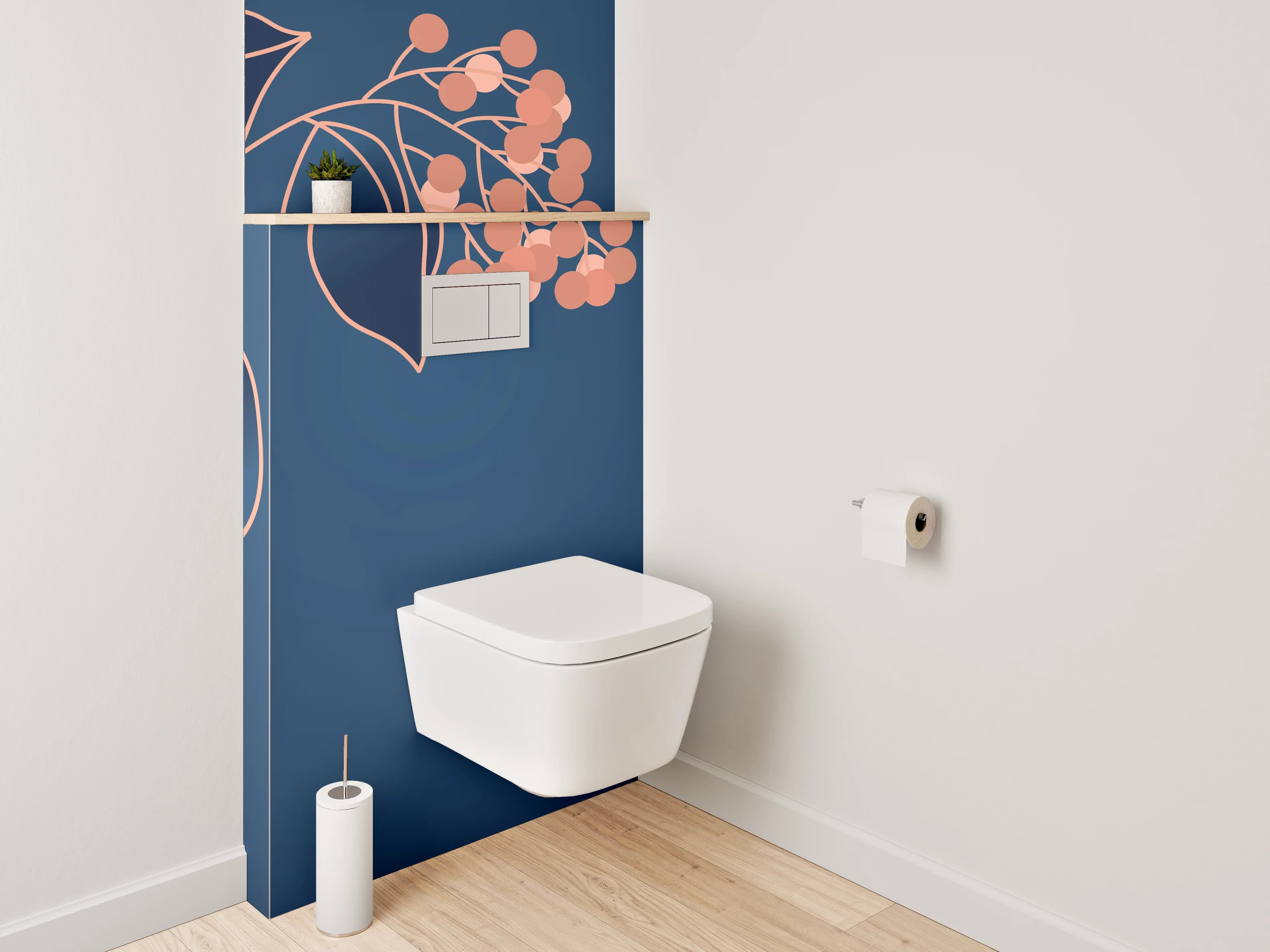 WC-Rückwand - Elegante florale Lineart auf Dunkelblau
