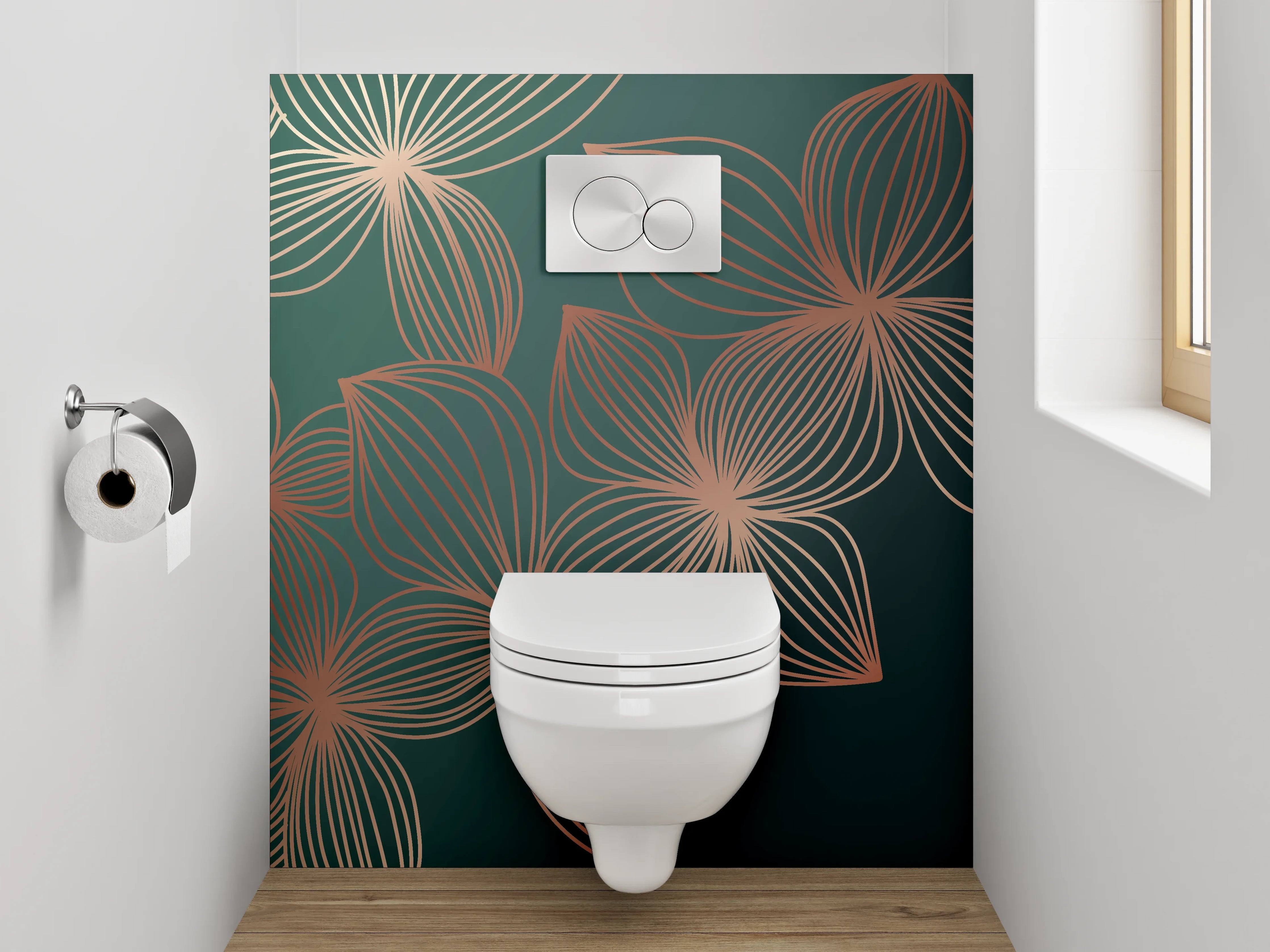 WC-Rückwand - Elegante florale Lineart in Goldgrün