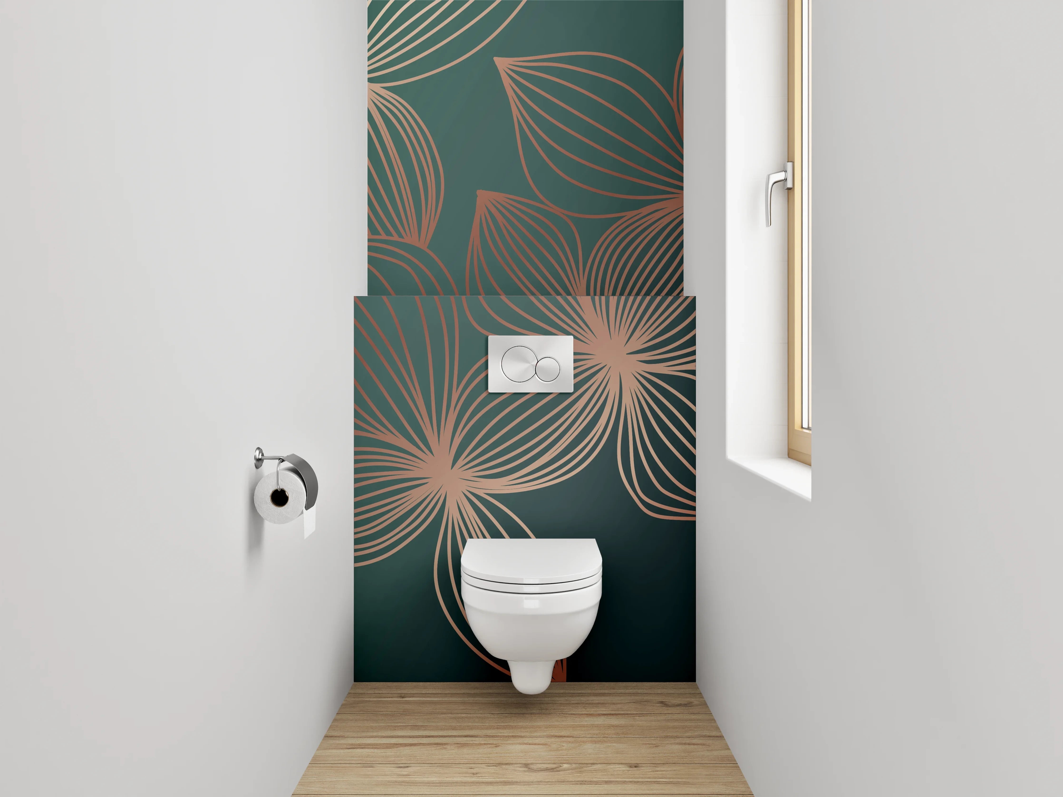 WC-Rückwand - Elegante florale Lineart in Goldgrün