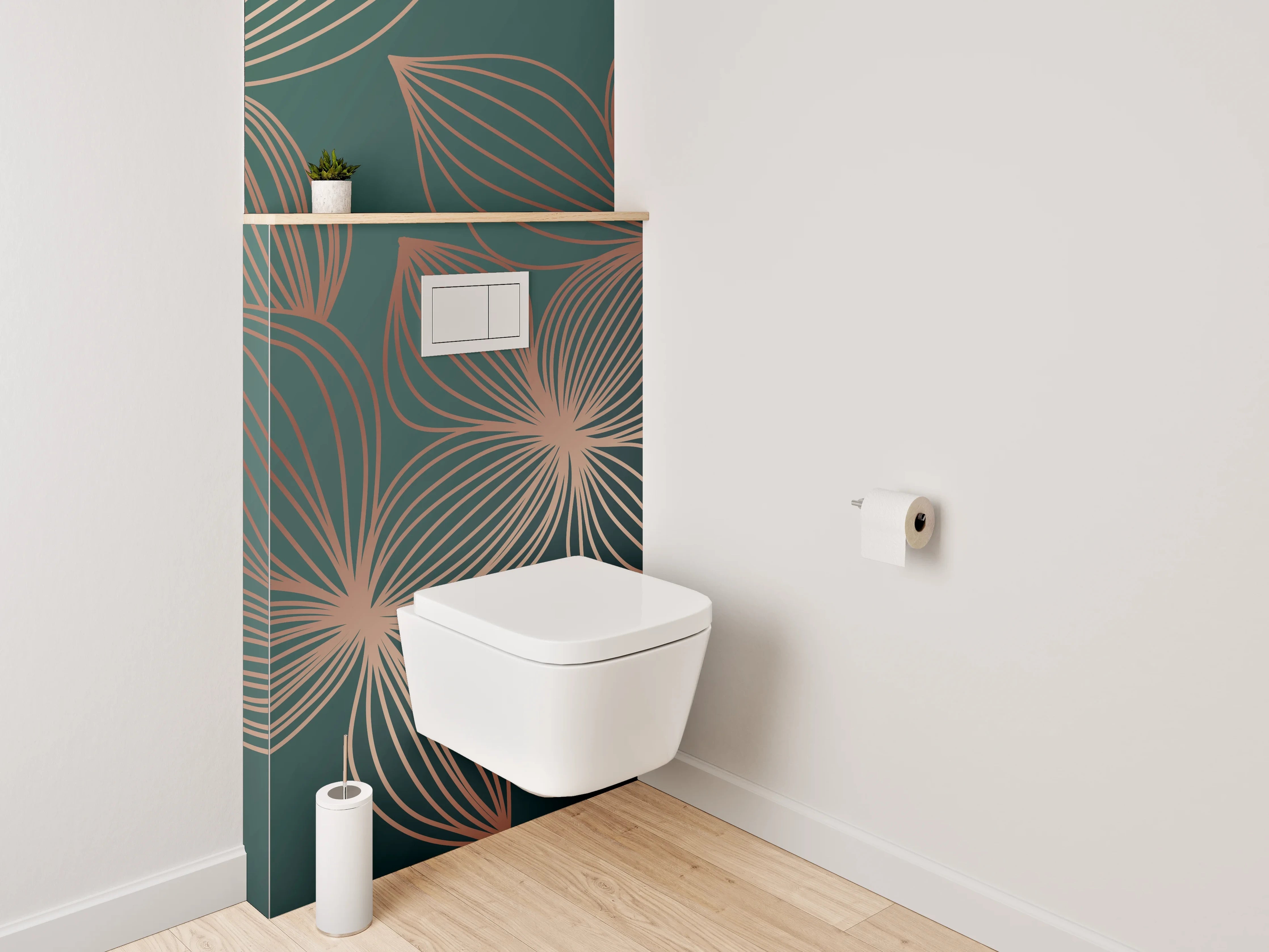 WC-Rückwand - Elegante florale Lineart in Goldgrün