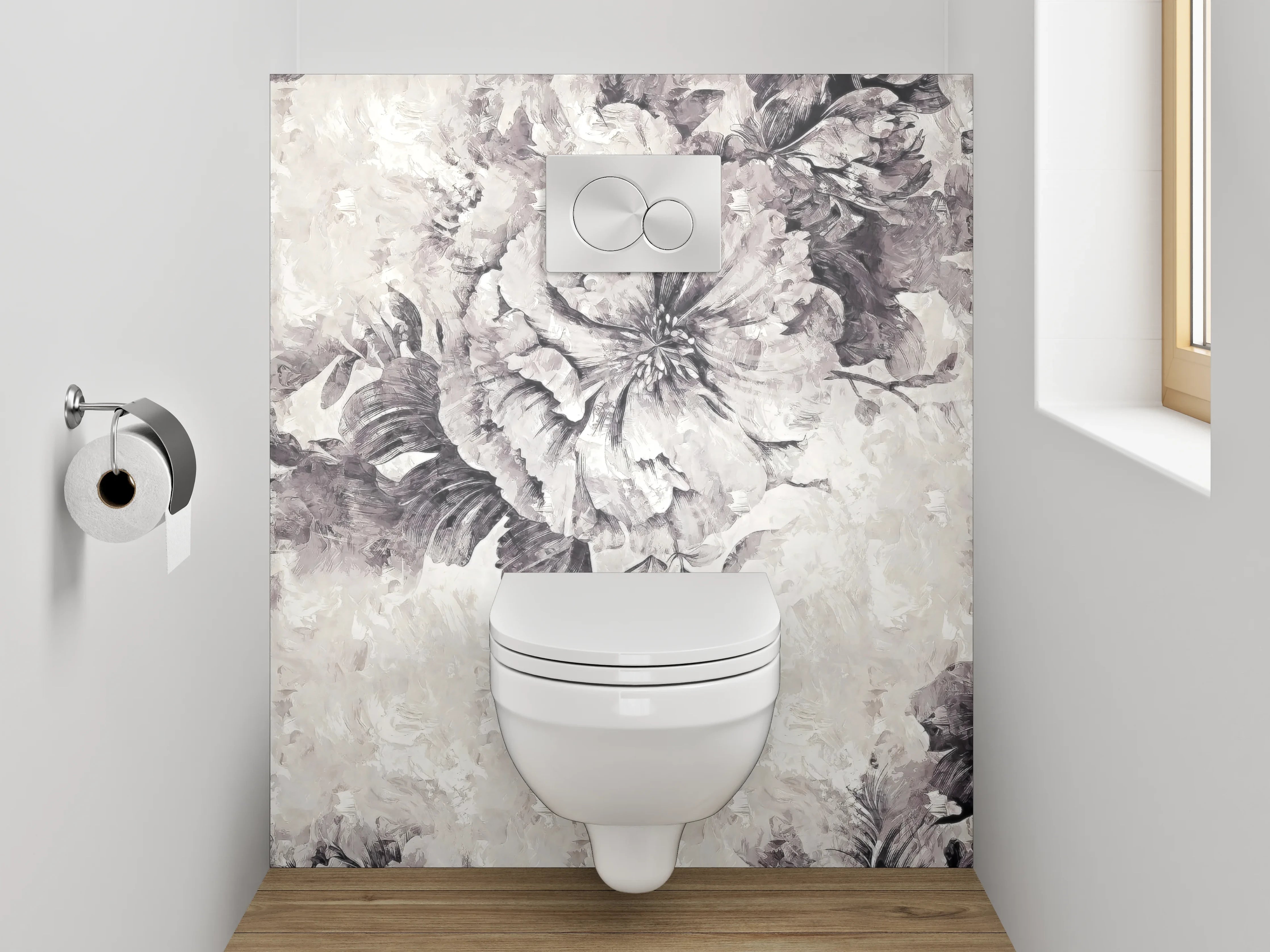WC-Rückwand - Elegante florale Schwarz-Weiß-Komposition