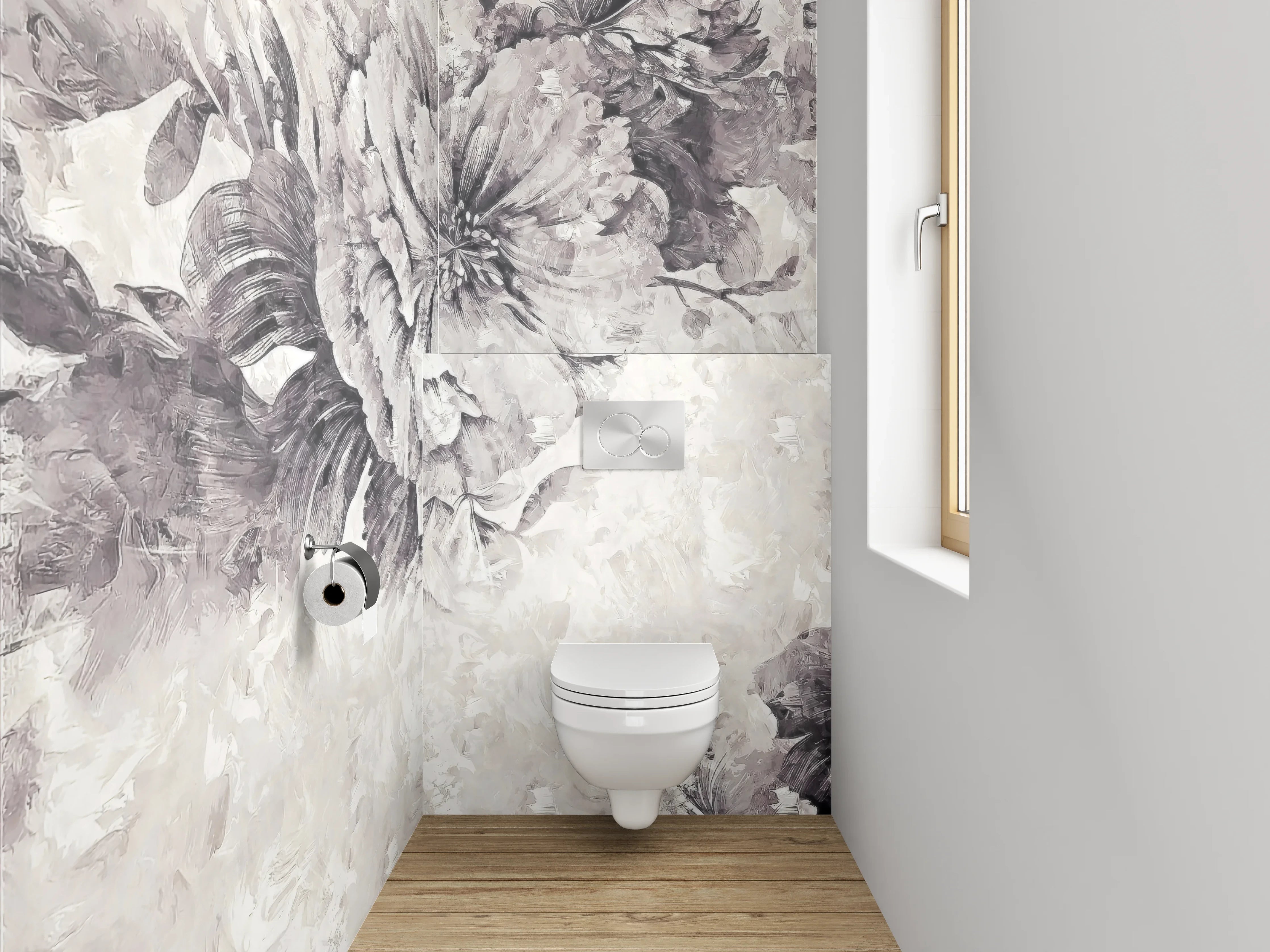WC-Rückwand - Elegante florale Schwarz-Weiß-Komposition