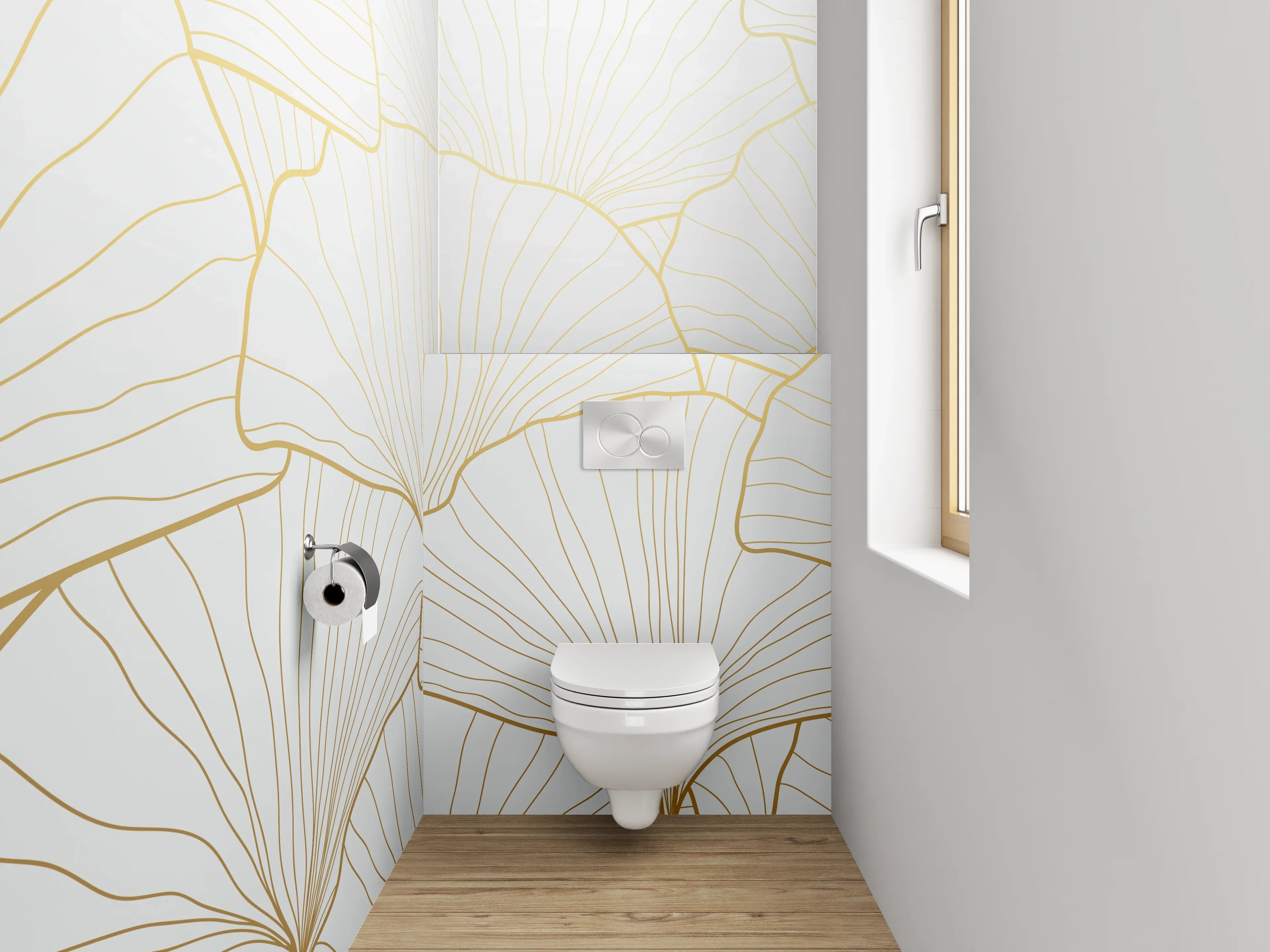 WC-Rückwand - Elegante goldene Ginkgo Lineart Weiß