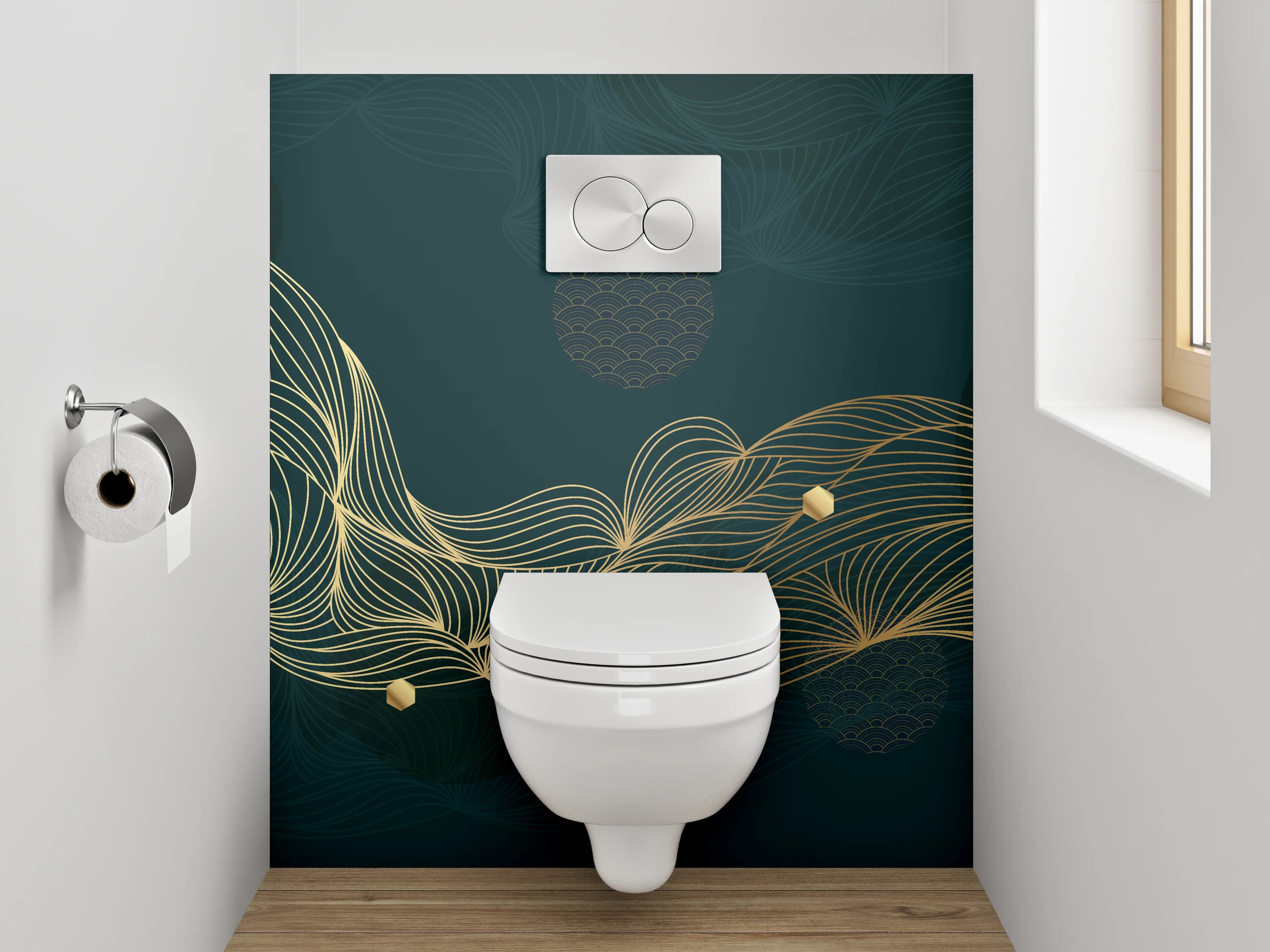 WC-Rückwand - Elegante goldene Linienwelle Abstrakt