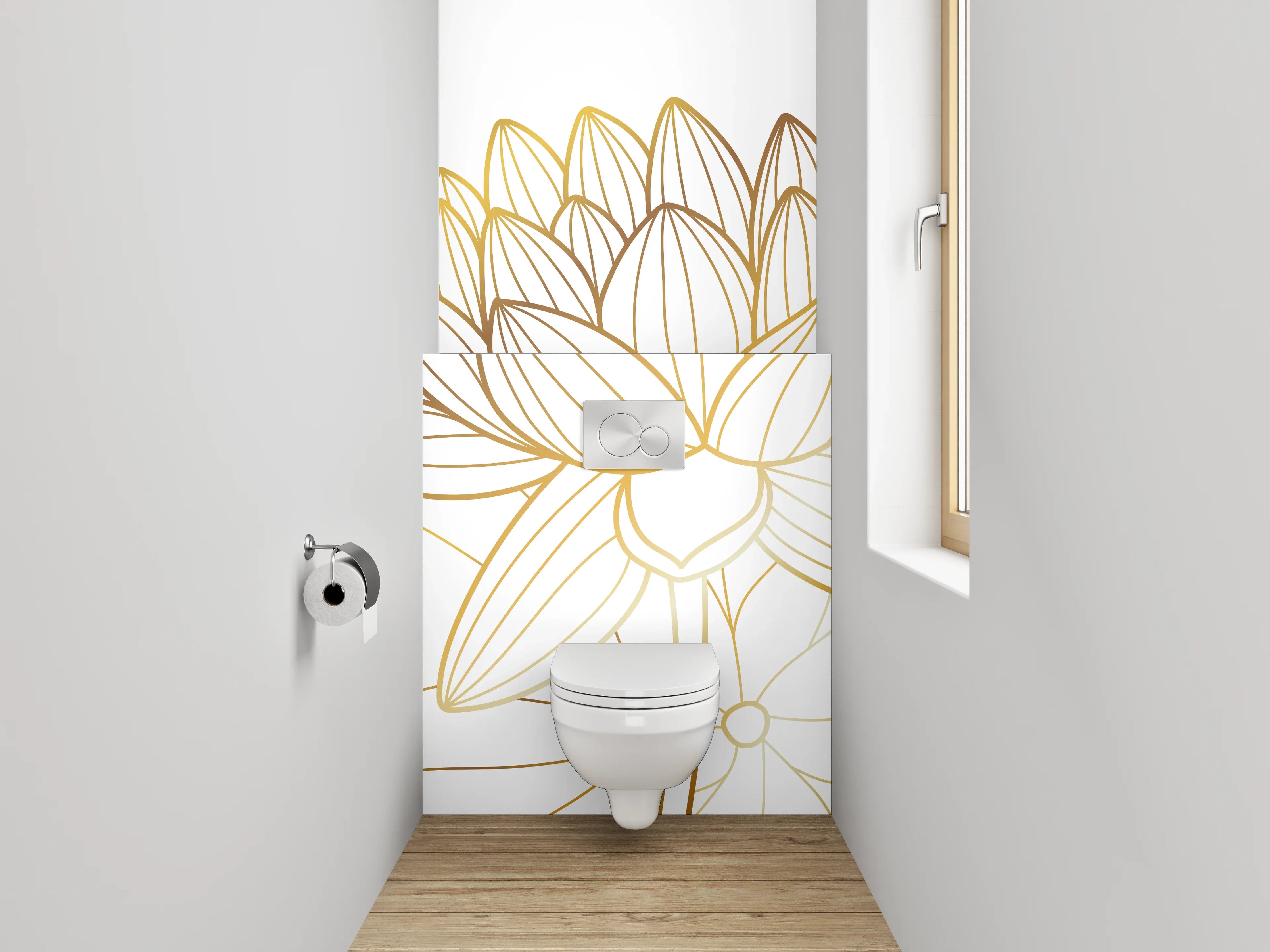 WC-Rückwand - Elegante goldene Lotus-Linienzeichnung