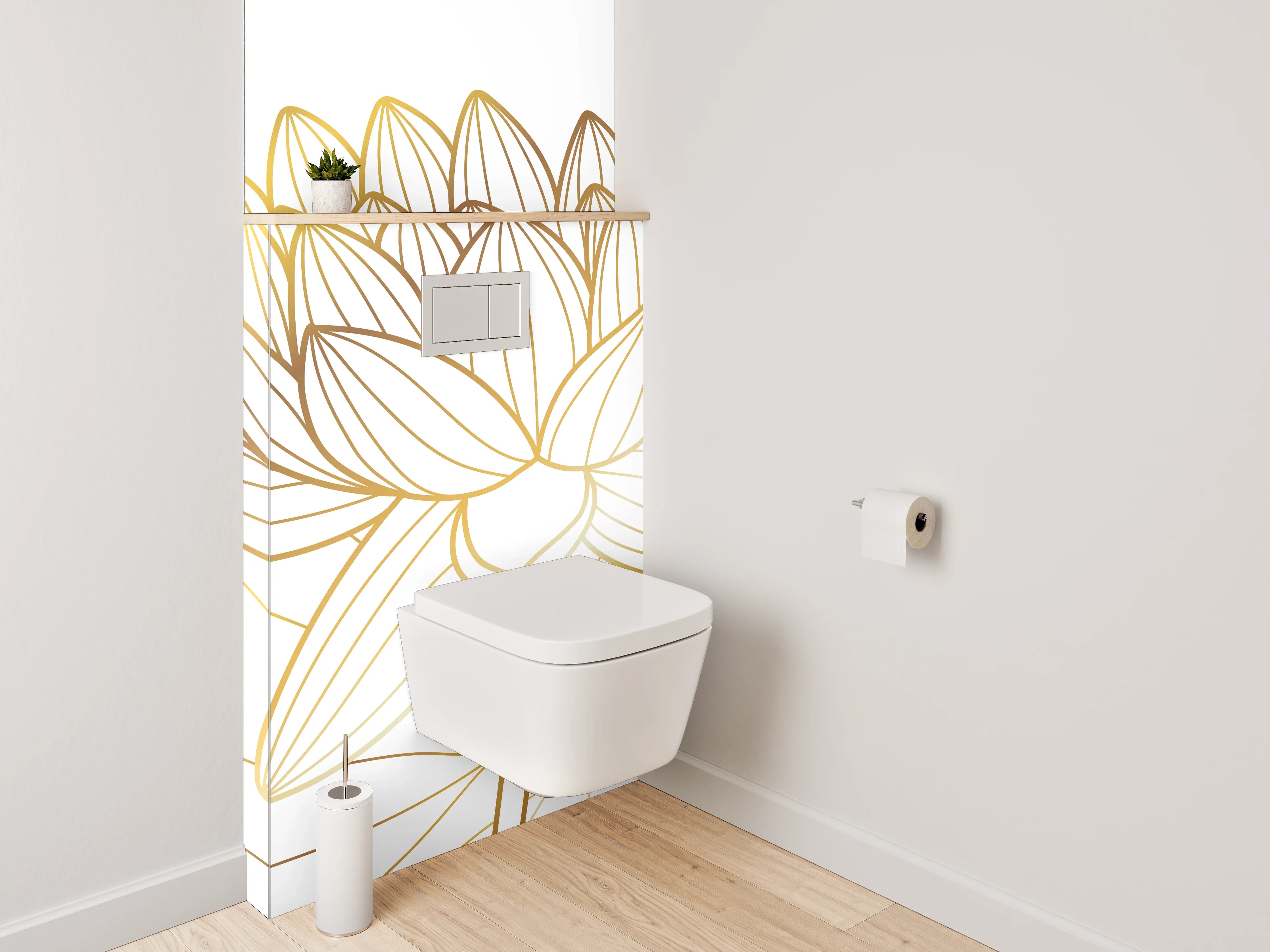 WC-Rückwand - Elegante goldene Lotus-Linienzeichnung