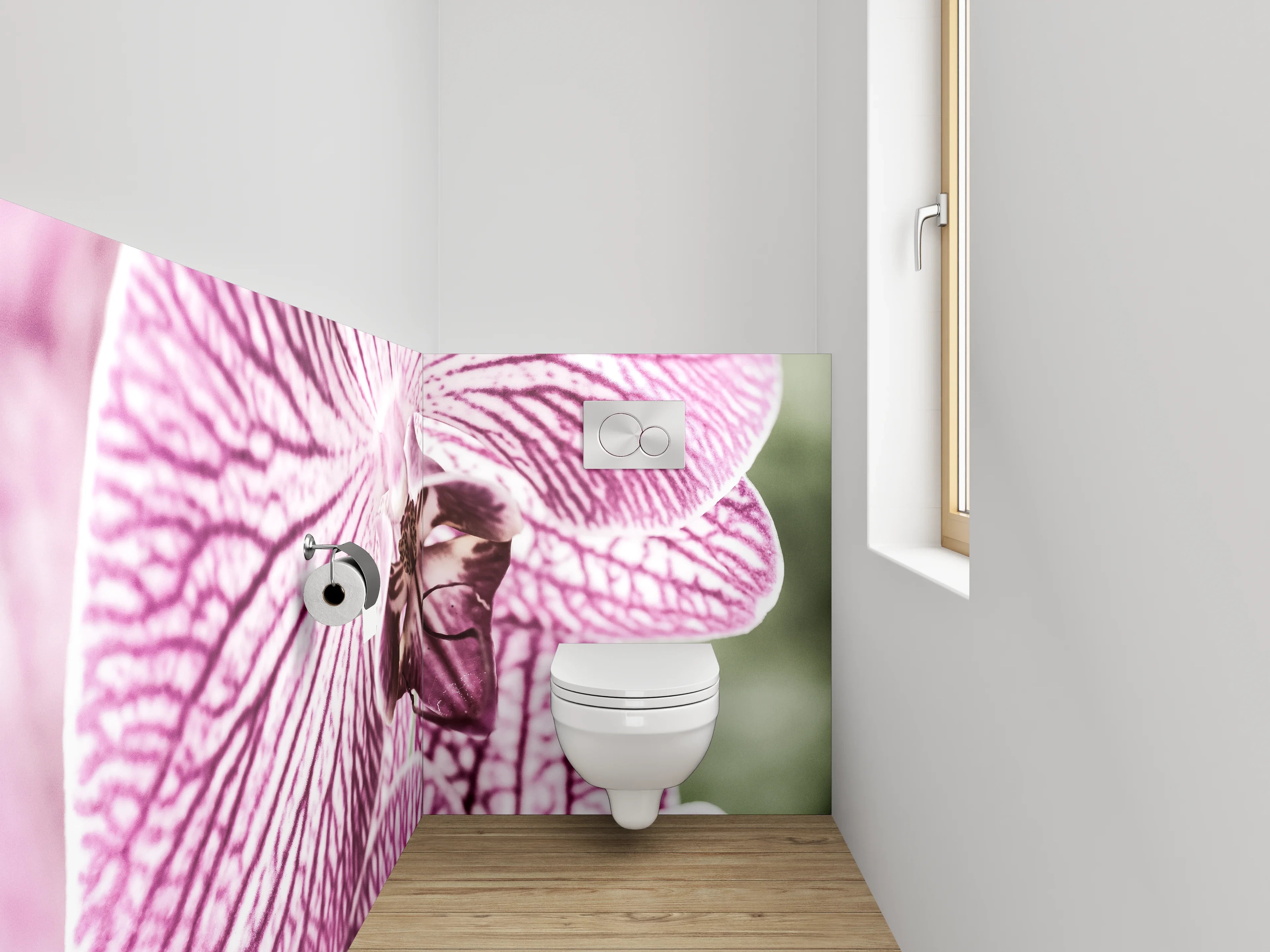 WC-Rückwand - Elegante lila Orchidee auf Weiß