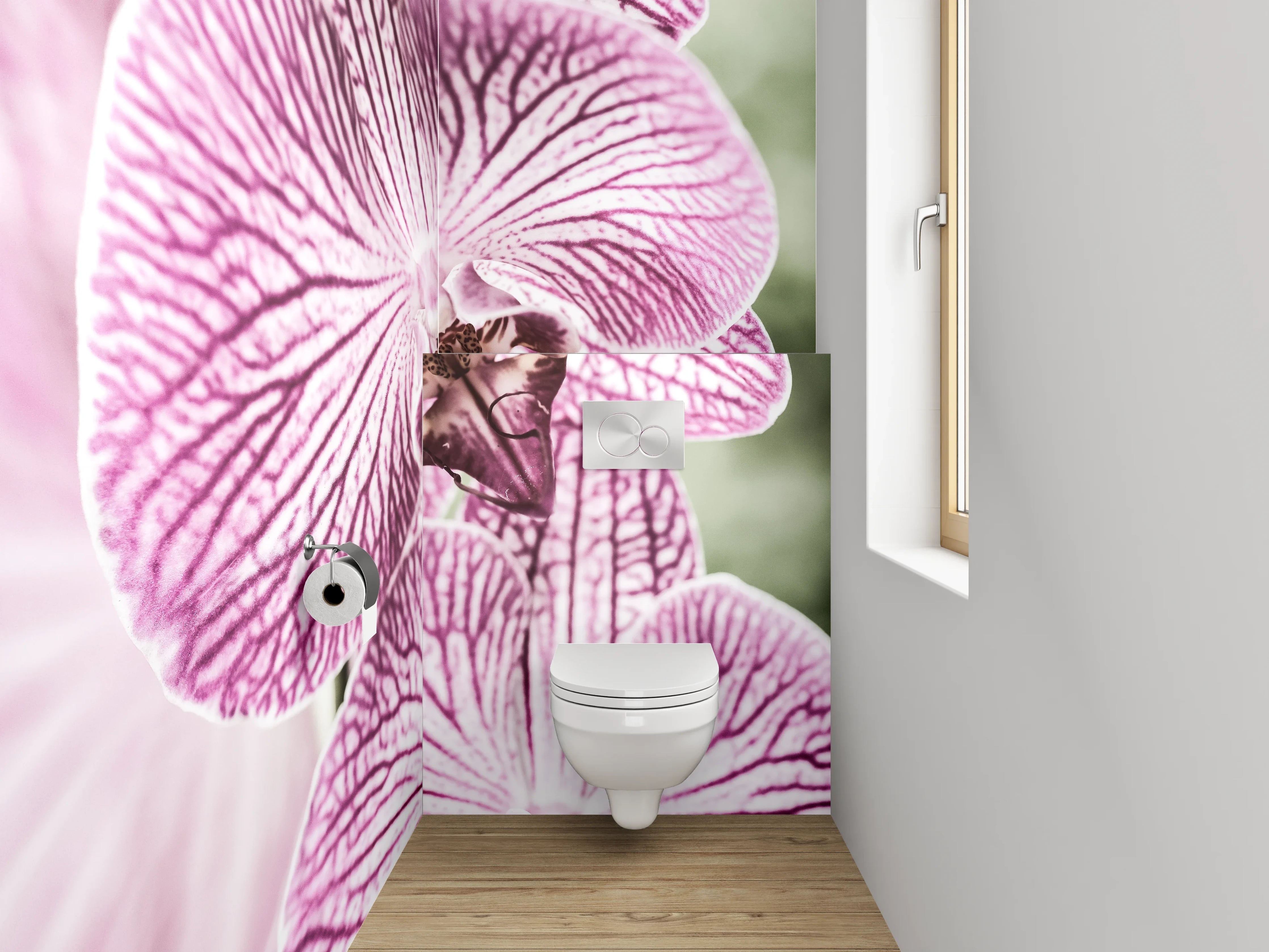 WC-Rückwand - Elegante lila Orchidee auf Weiß