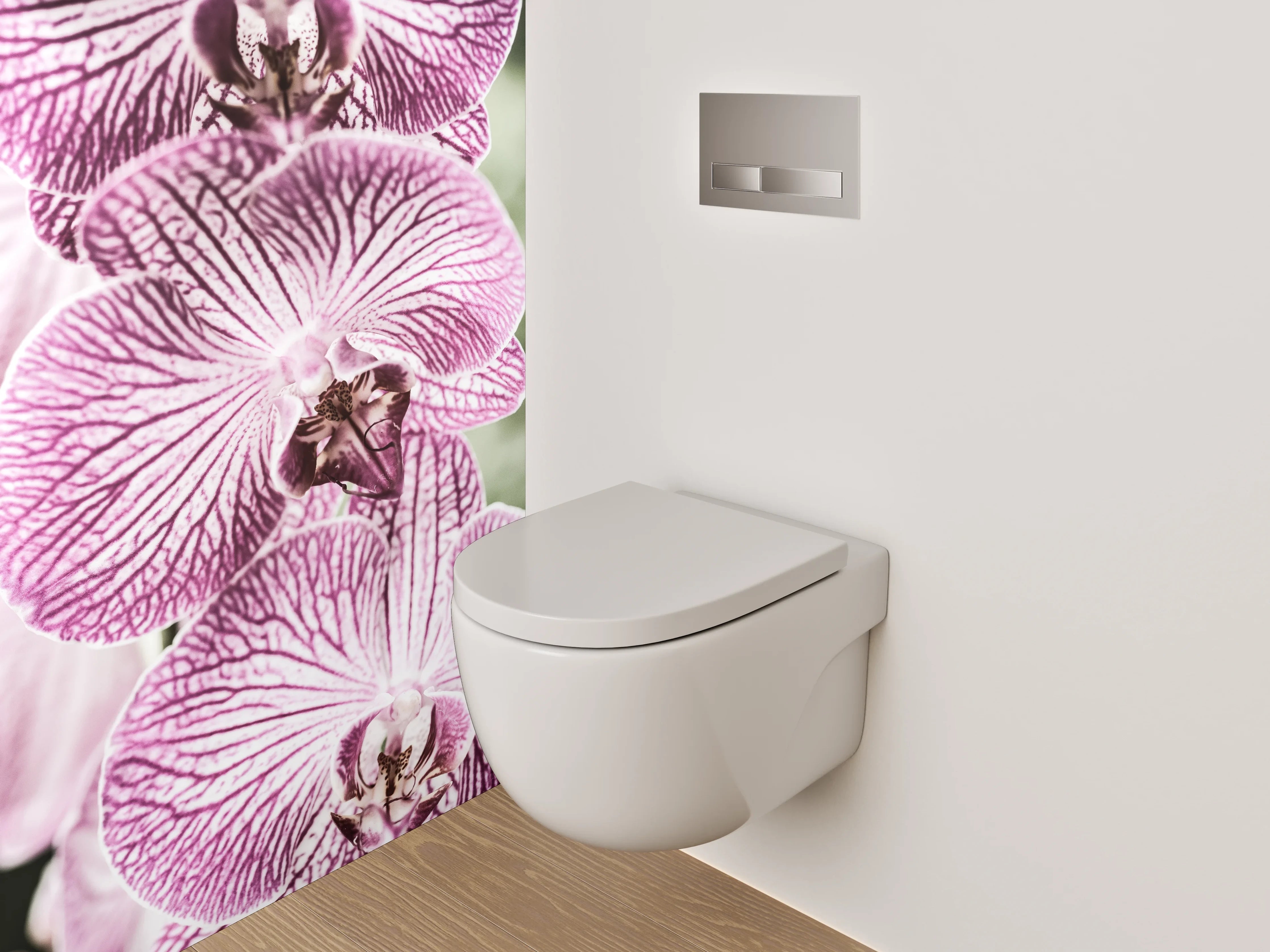 WC-Rückwand - Elegante lila Orchidee auf Weiß