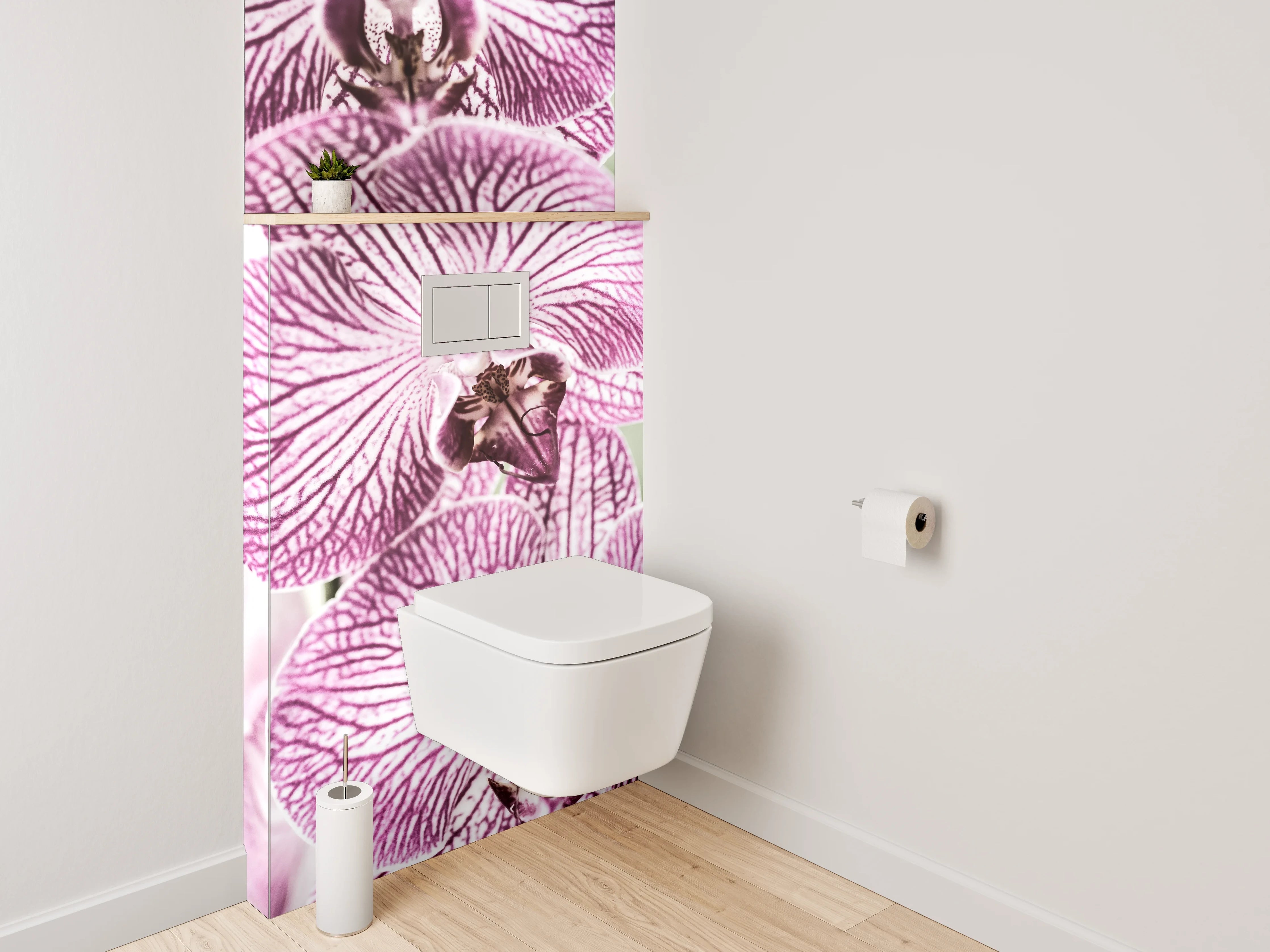 WC-Rückwand - Elegante lila Orchidee auf Weiß