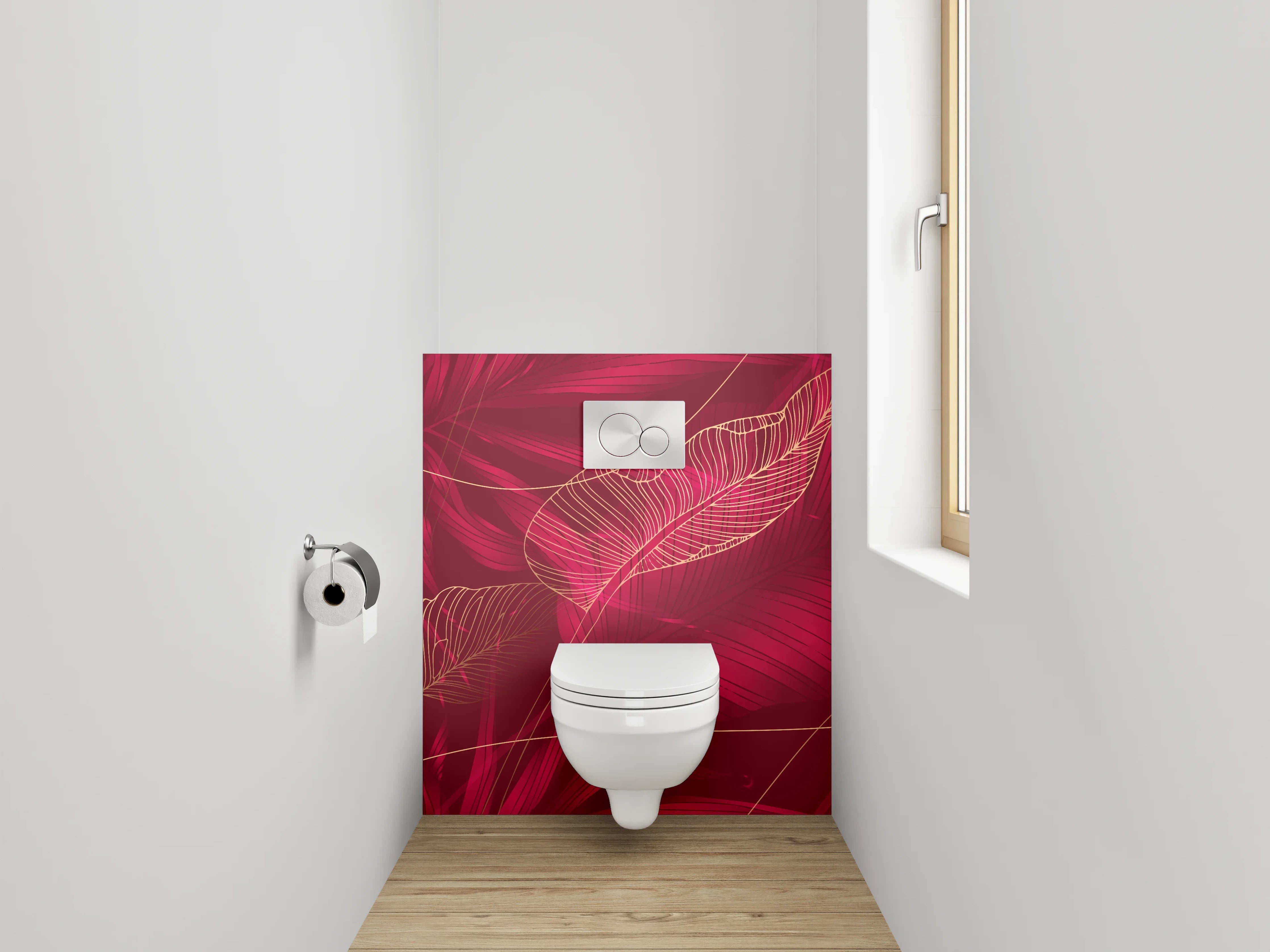 WC-Rückwand - Elegante rote Tropenblätter Lineart