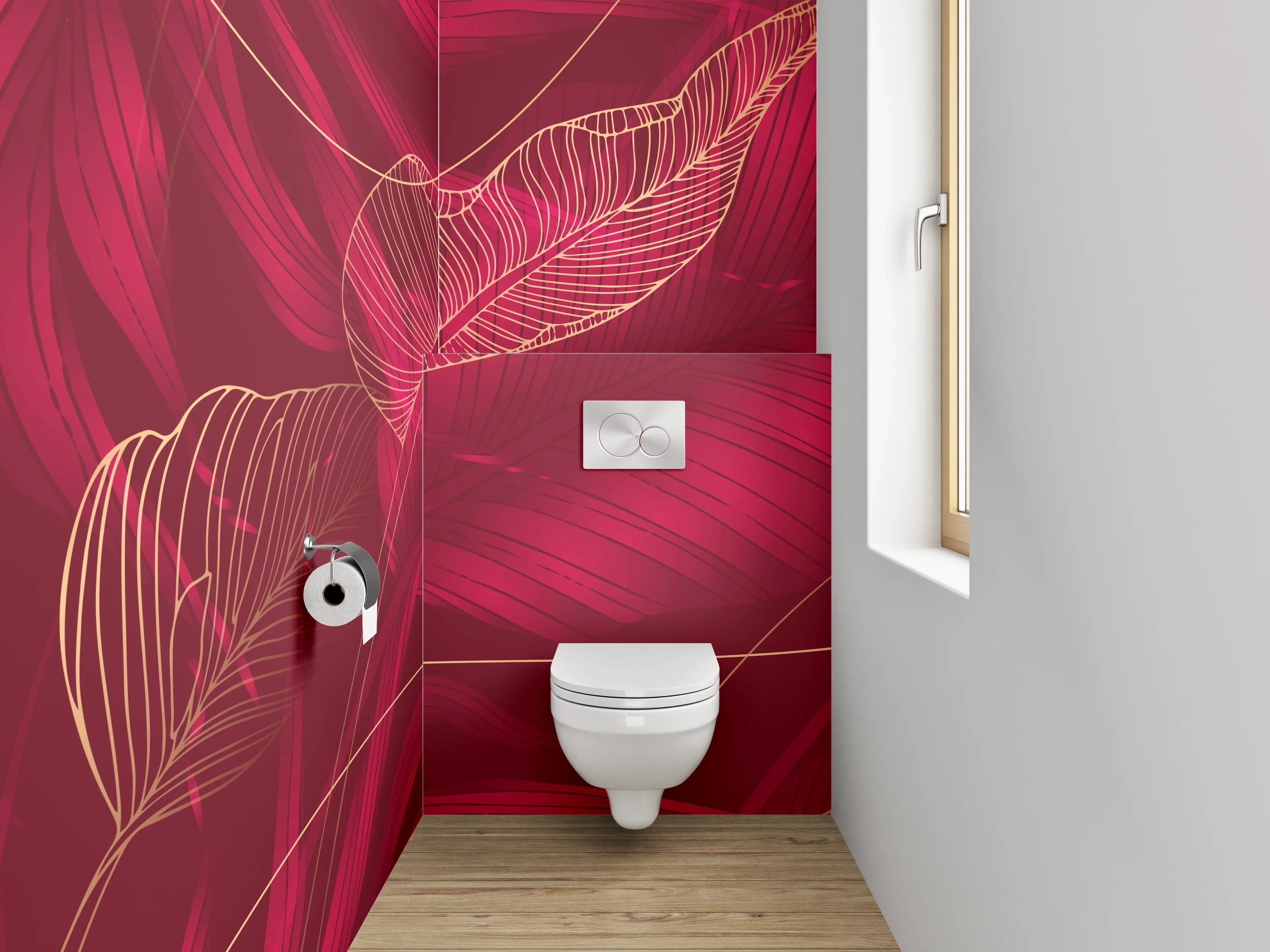 WC-Rückwand - Elegante rote Tropenblätter Lineart