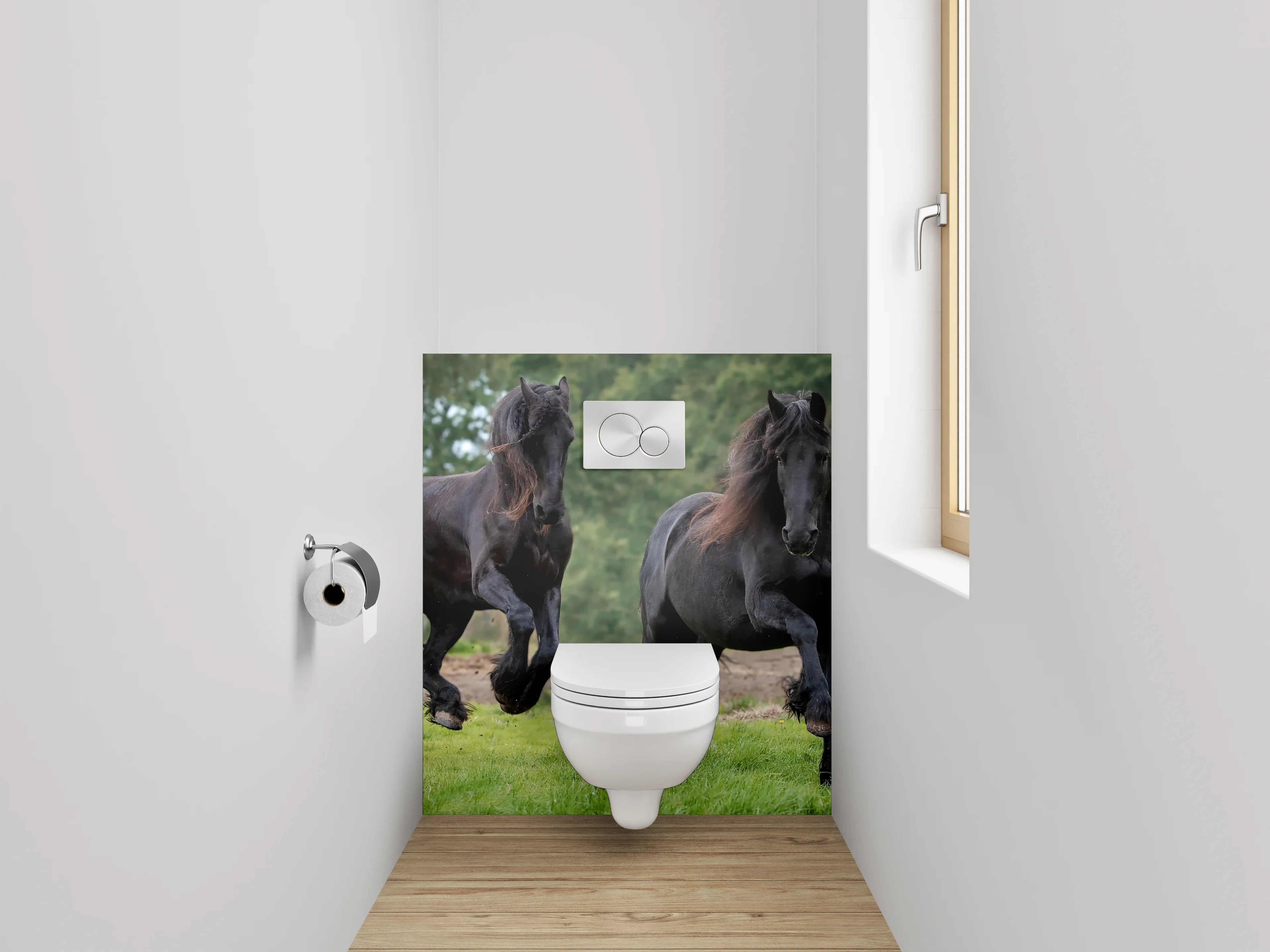 WC-Rückwand - Elegante schwarze Pferde auf grüner Wiese
