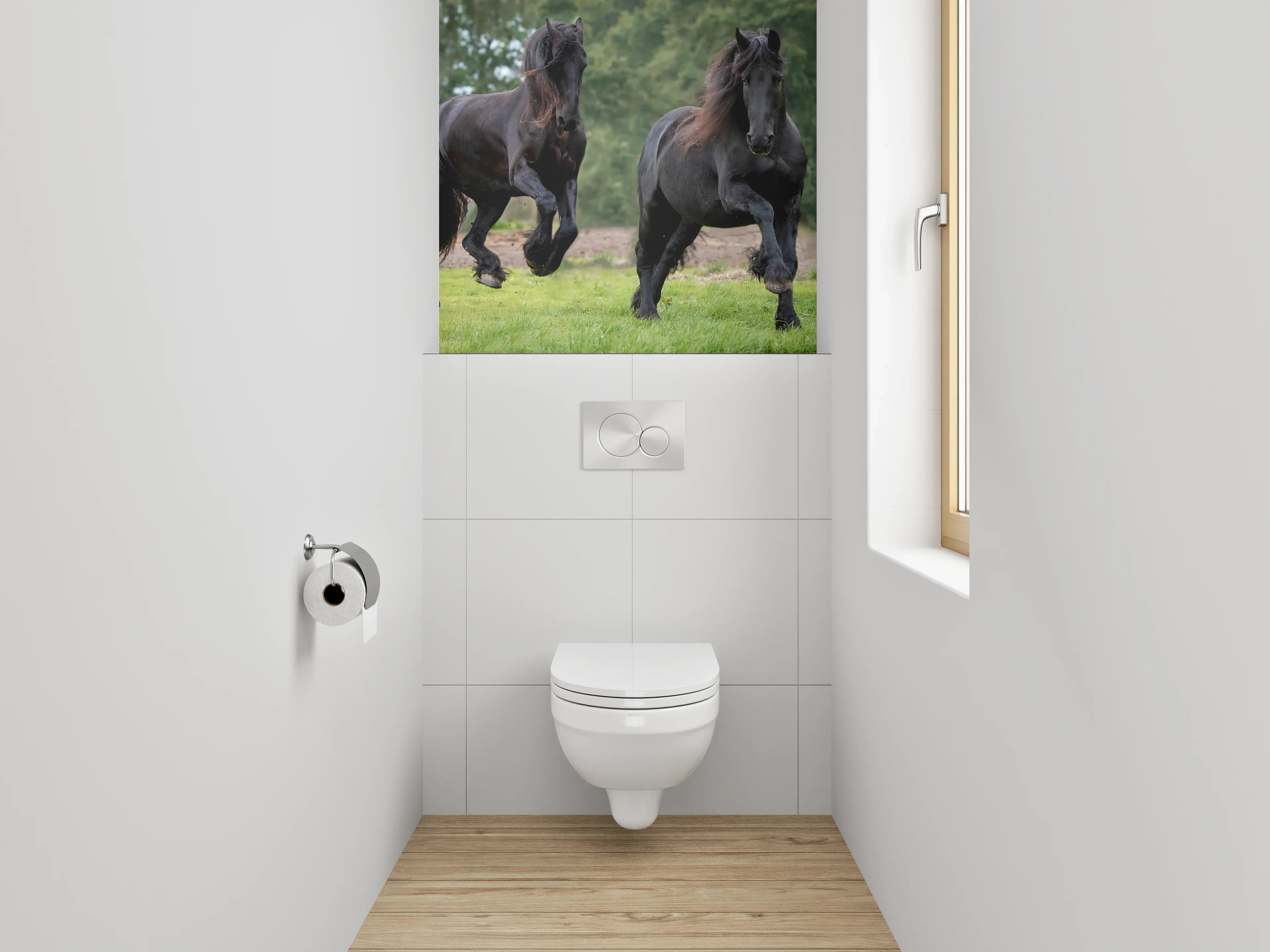 WC-Rückwand - Elegante schwarze Pferde auf grüner Wiese