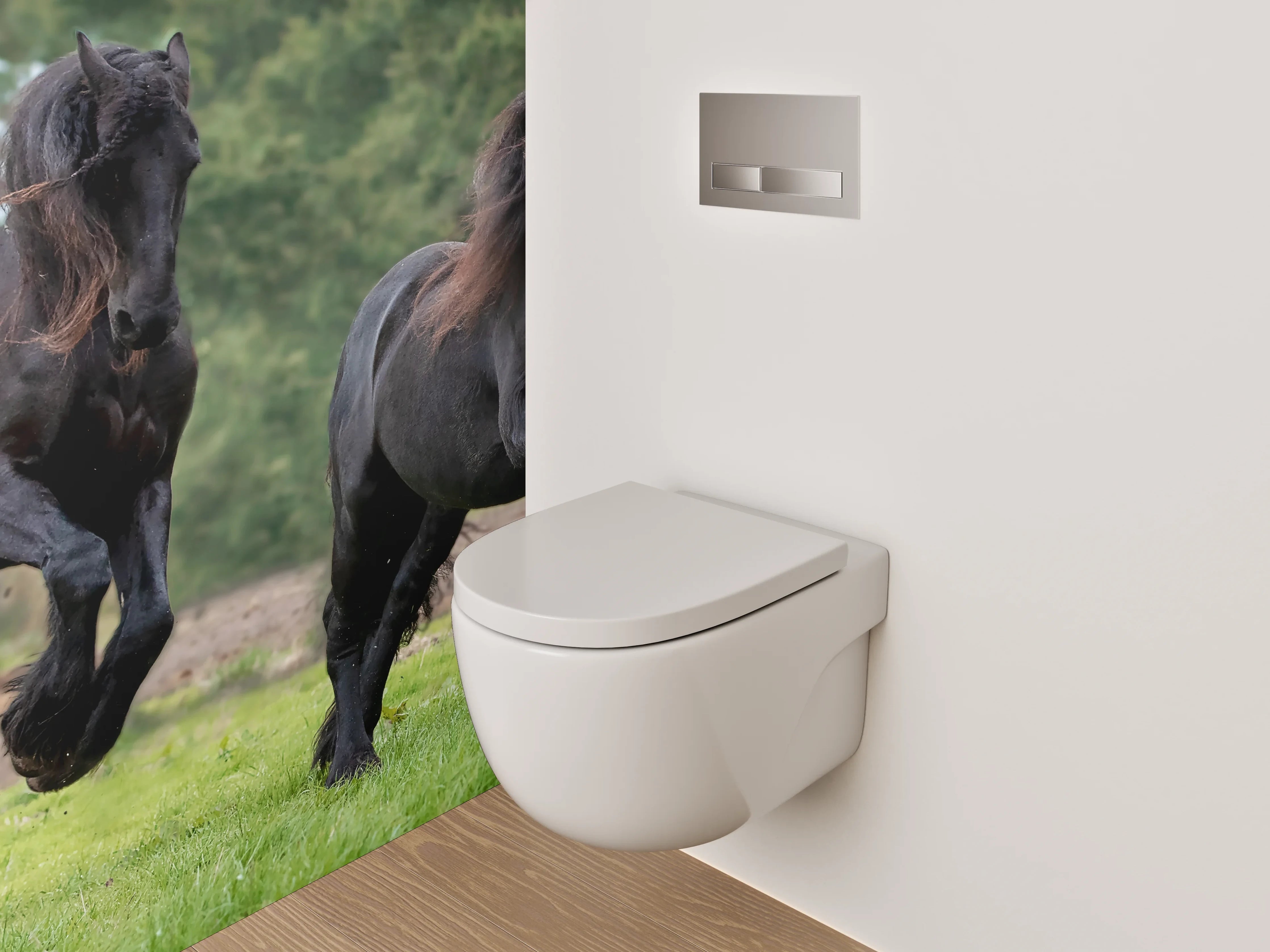 WC-Rückwand - Elegante schwarze Pferde auf grüner Wiese