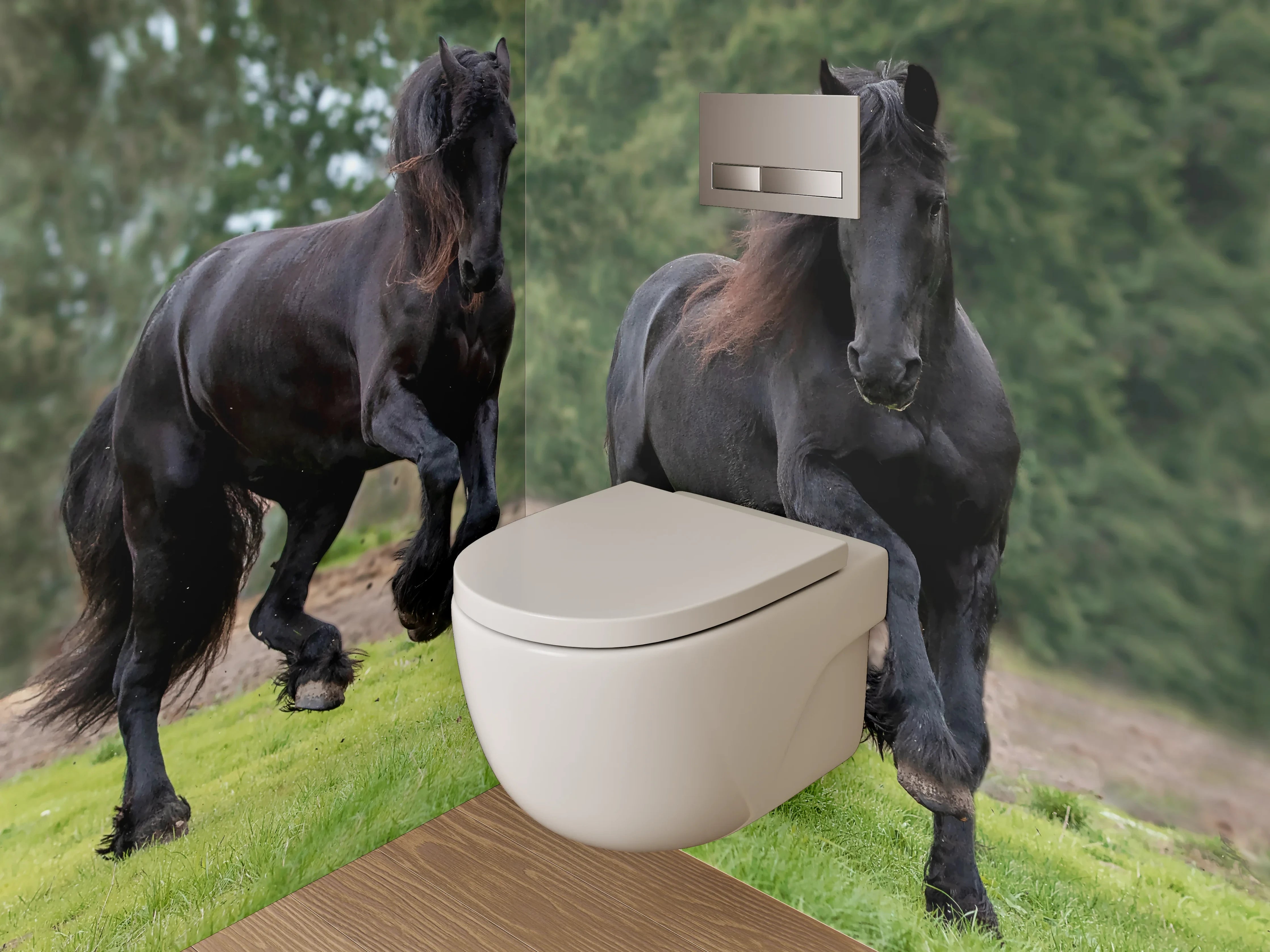 WC-Rückwand - Elegante schwarze Pferde auf grüner Wiese