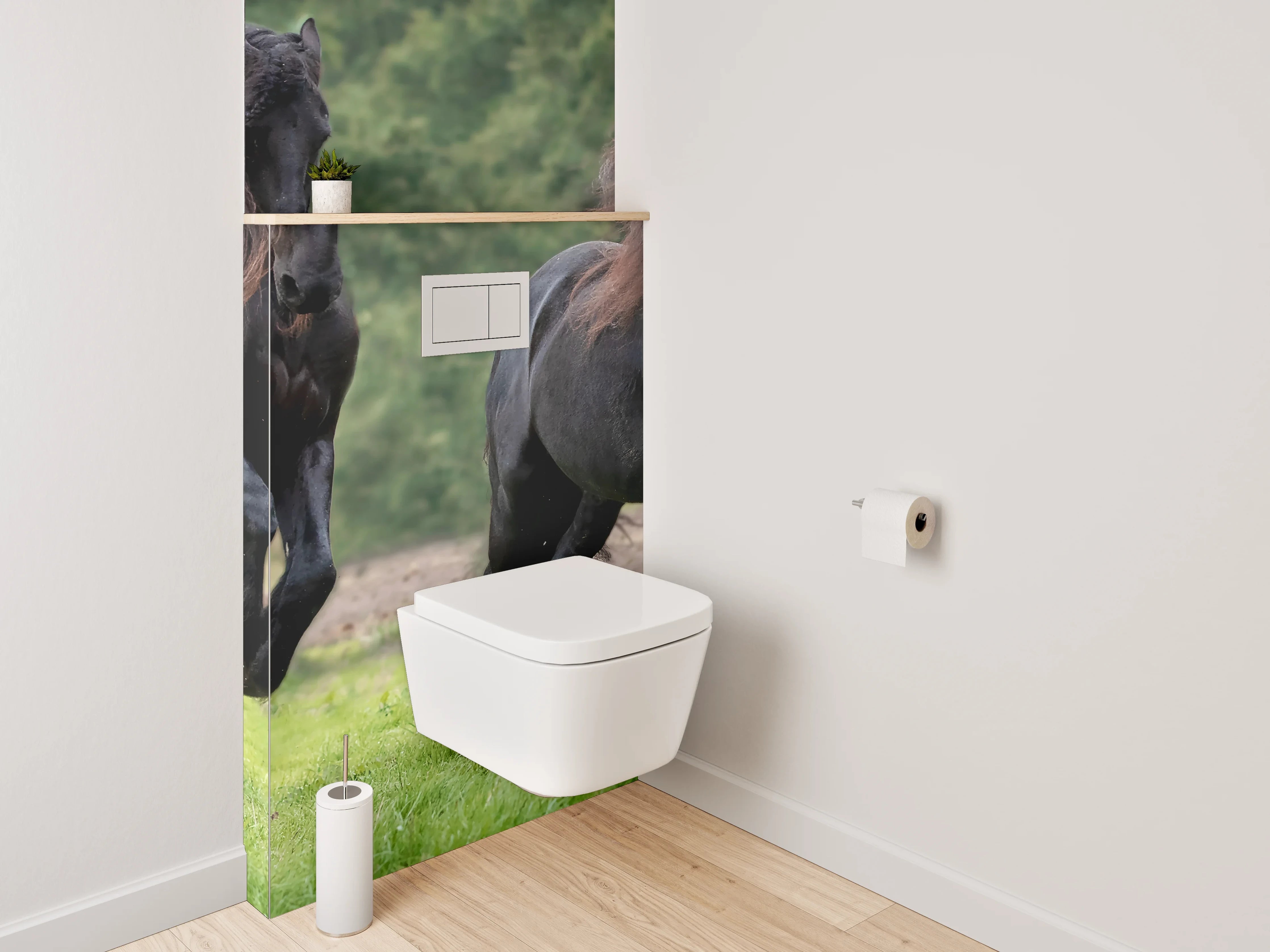 WC-Rückwand - Elegante schwarze Pferde auf grüner Wiese