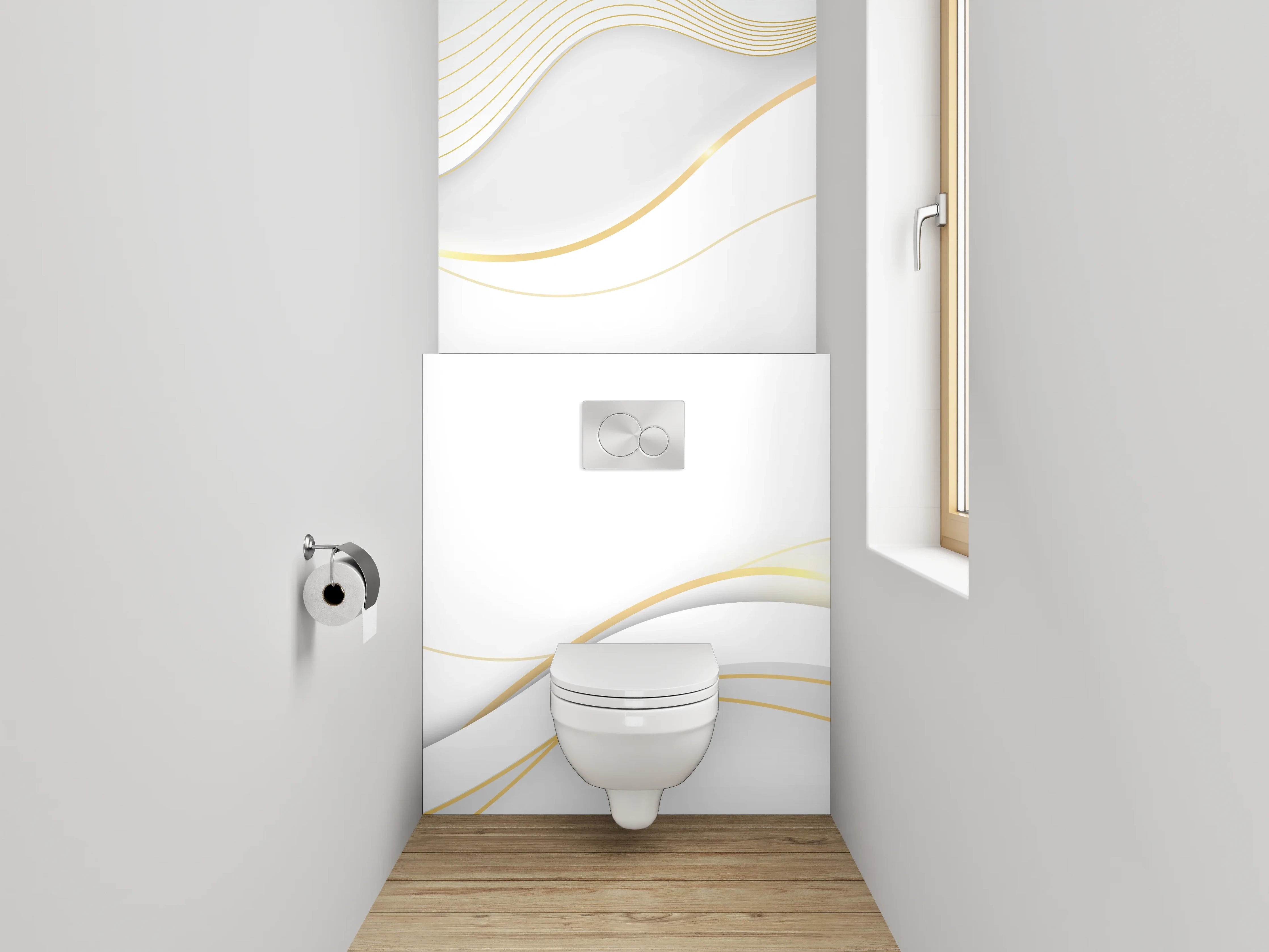 WC-Rückwand - Elegante weiße Wellen mit Goldakzent