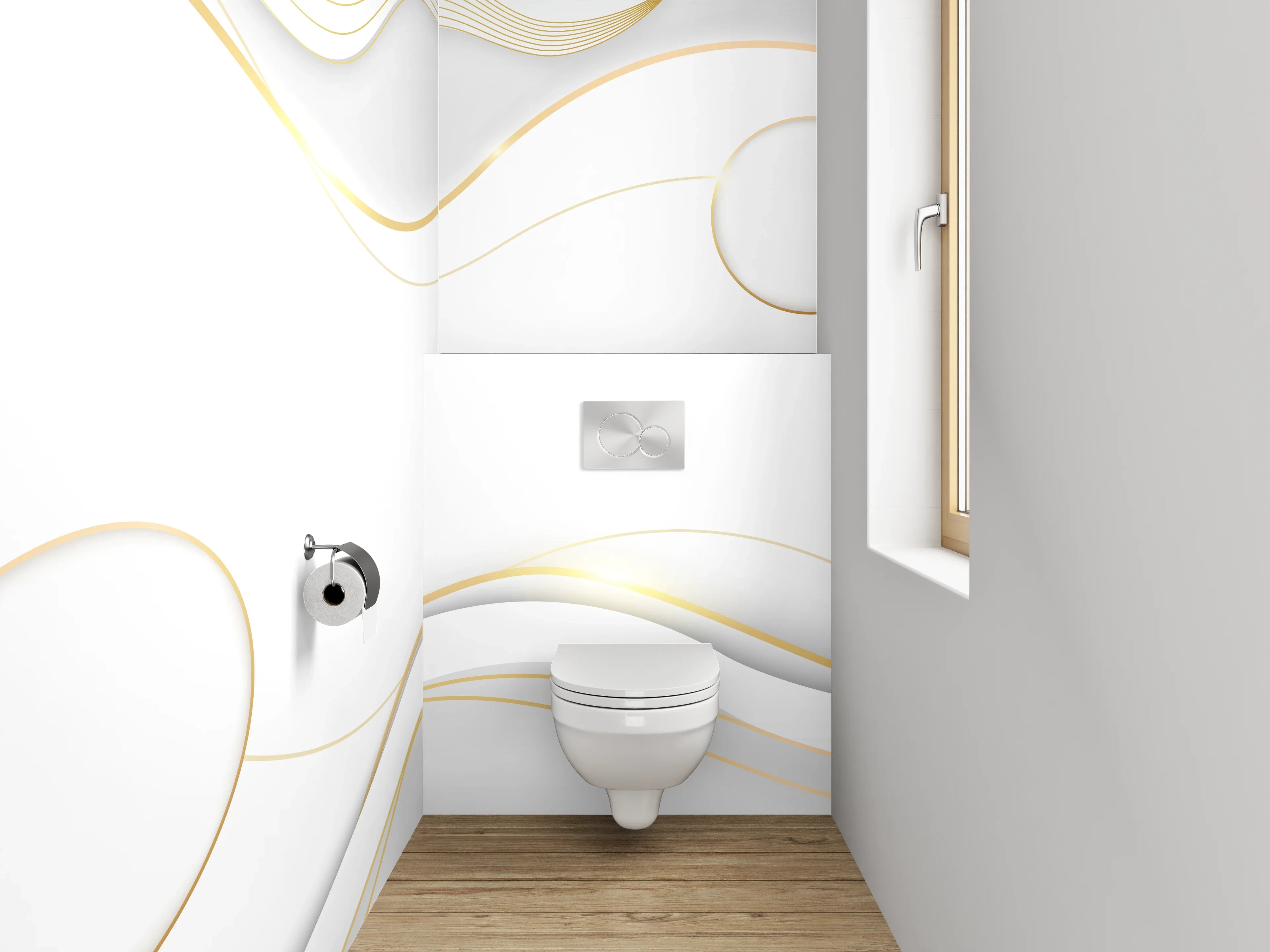 WC-Rückwand - Elegante weiße Wellen mit Goldakzent