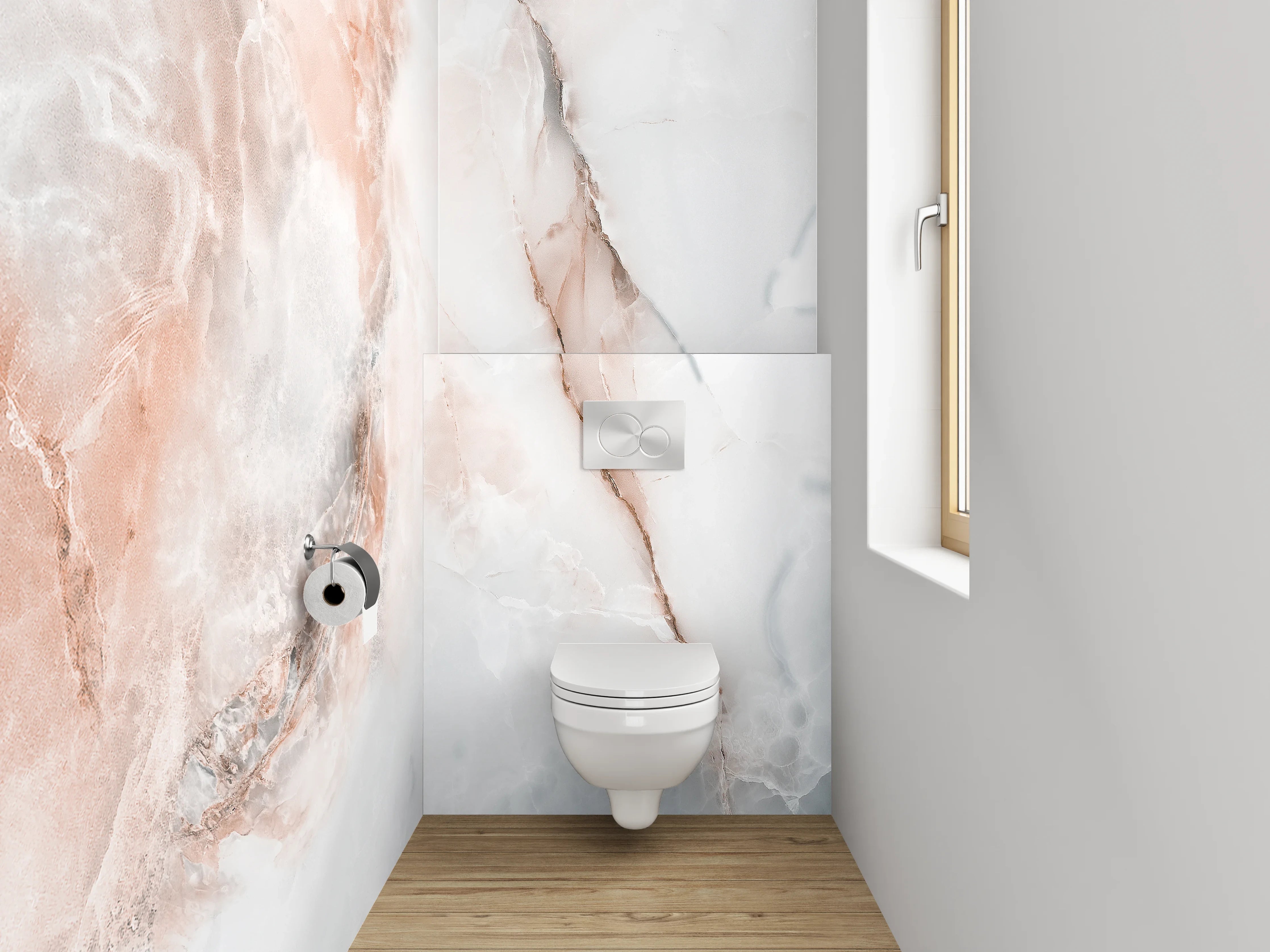 WC-Rückwand - Eleganter Marmor in Weiß und Rosa