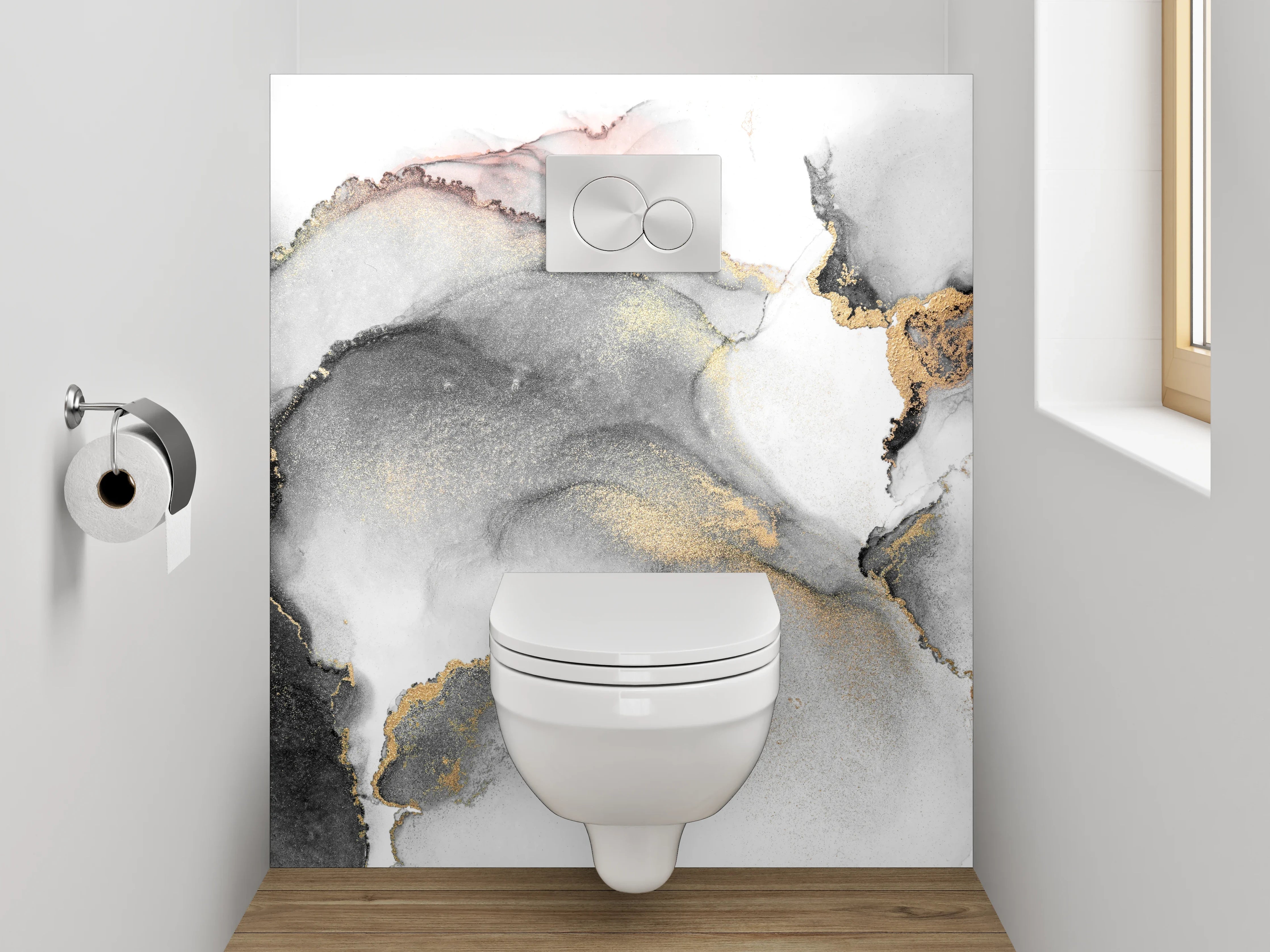WC-Rückwand - Eleganter Schwarz-Weiß Gold Aquarell-Look