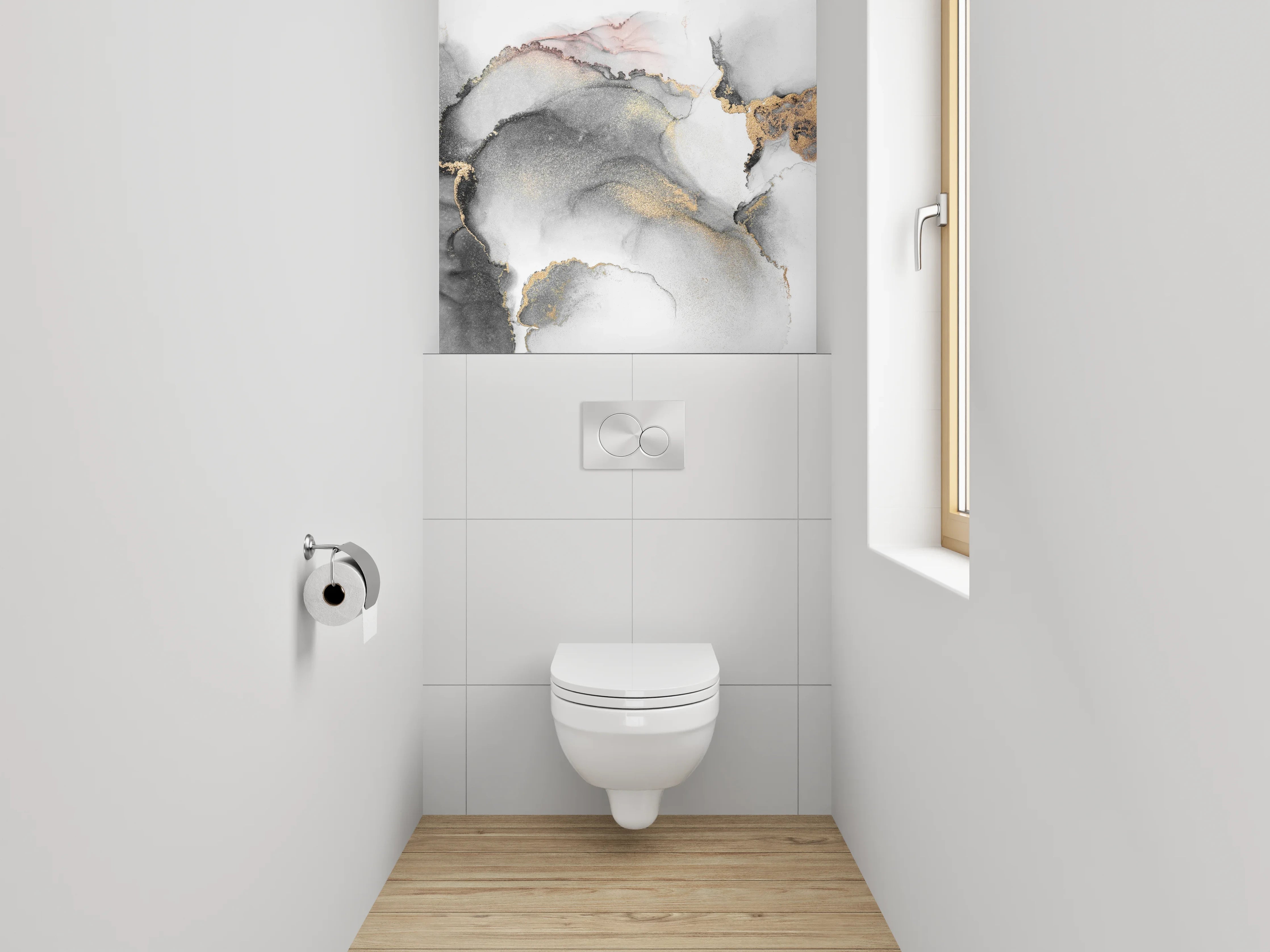 WC-Rückwand - Eleganter Schwarz-Weiß Gold Aquarell-Look