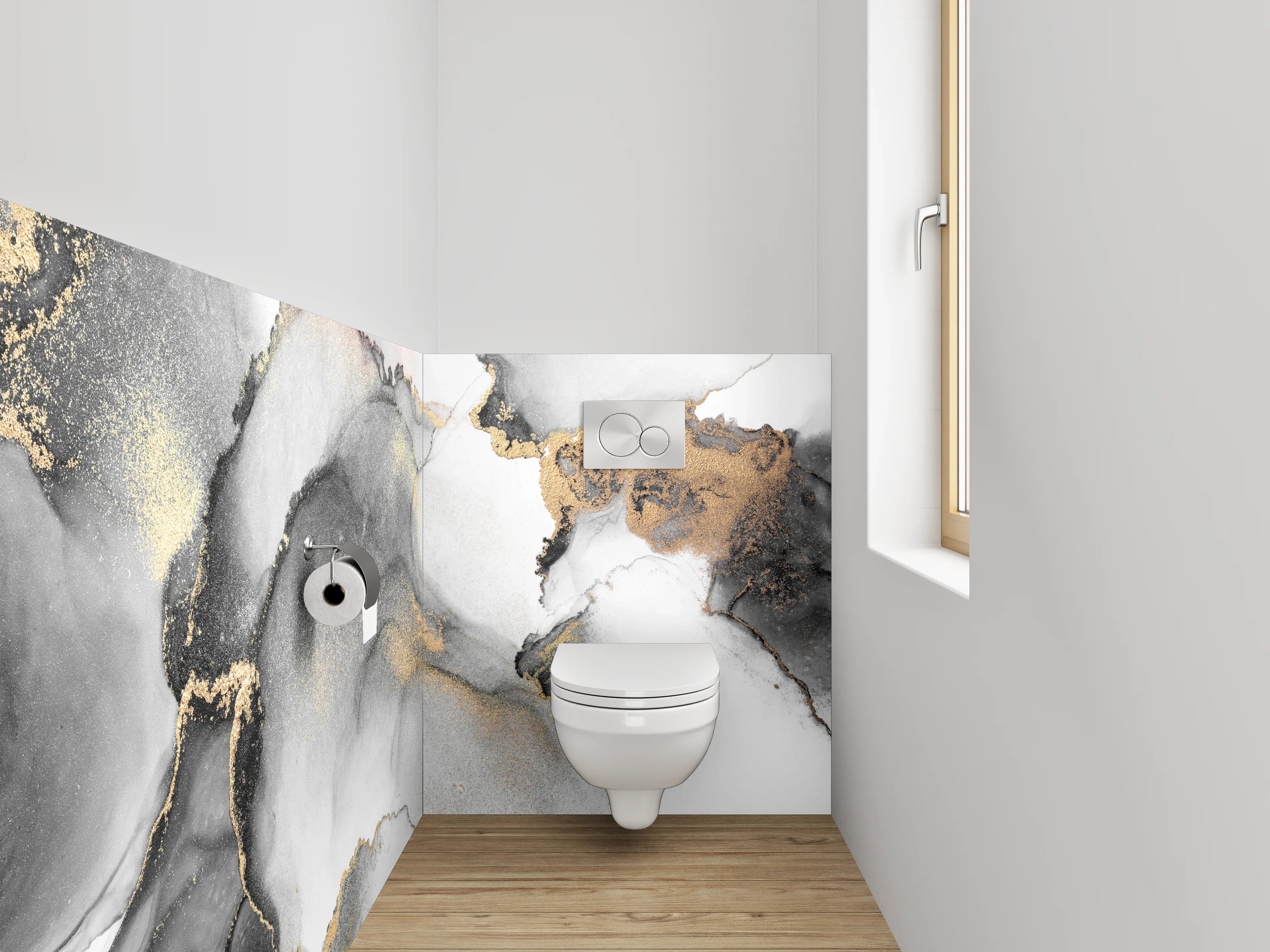 WC-Rückwand - Eleganter Schwarz-Weiß Gold Aquarell-Look