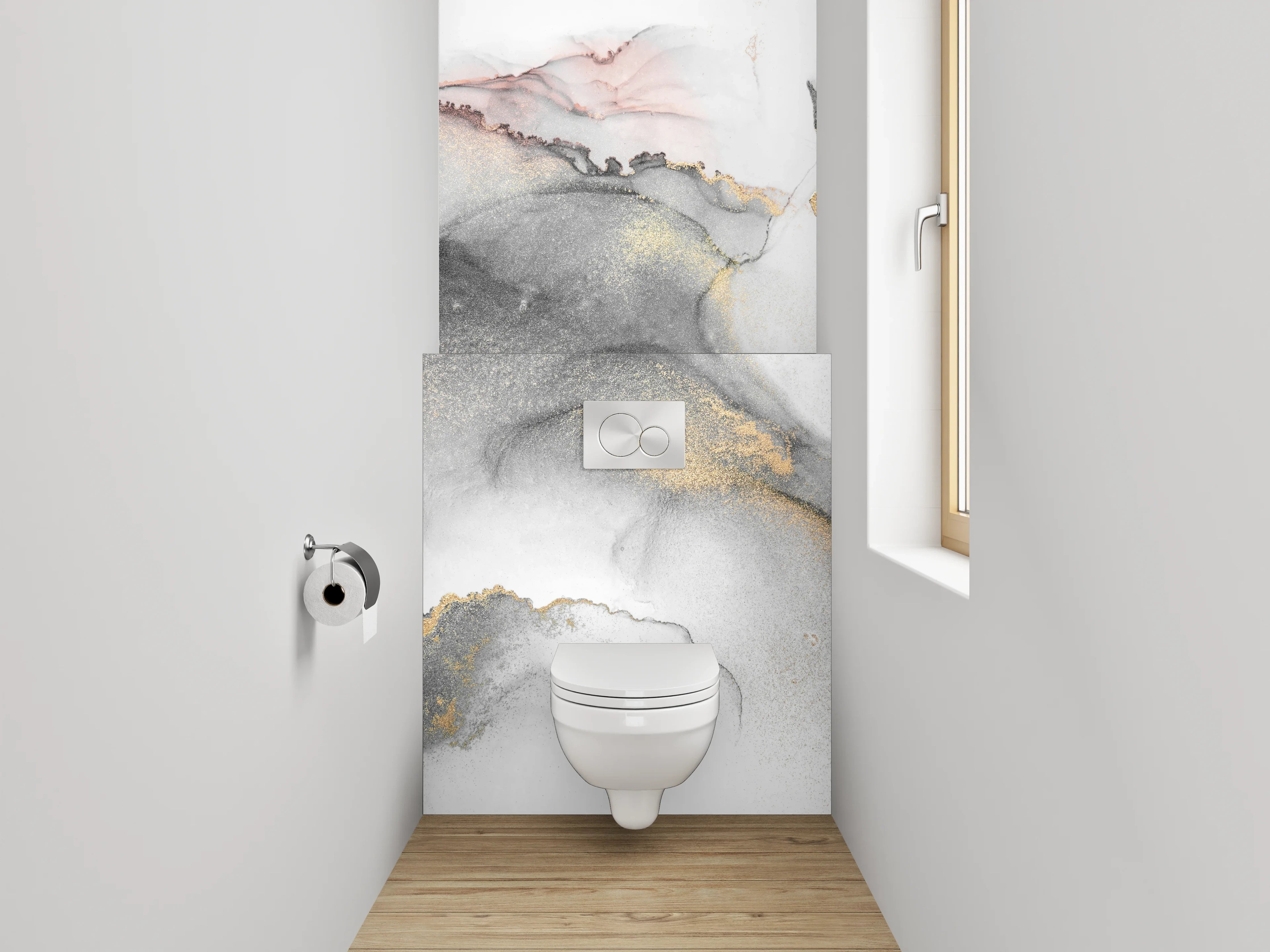 WC-Rückwand - Eleganter Schwarz-Weiß Gold Aquarell-Look